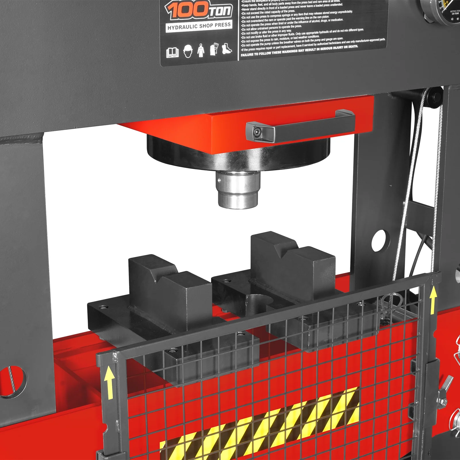100 Ton H-Frame Electric Hydraulic Shop Press with Hand Winch, 110V Motor, Fully Welded Steel Frame, Safety Guard, Foot Pedal Control, HSP100E - Image 13
