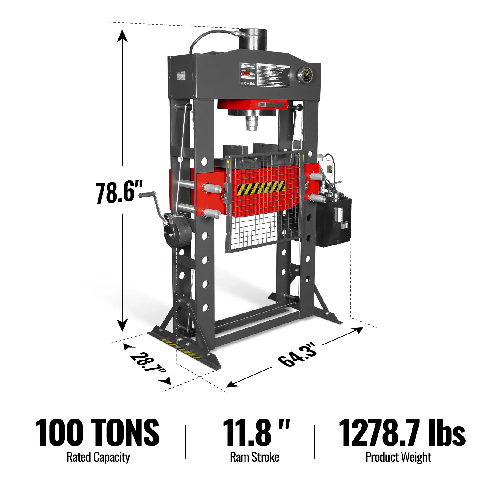 100 Ton H-Frame Electric Hydraulic Shop Press with Hand Winch, 110V Motor, Fully Welded Steel Frame, Safety Guard, Foot Pedal Control, HSP100E - Image 2
