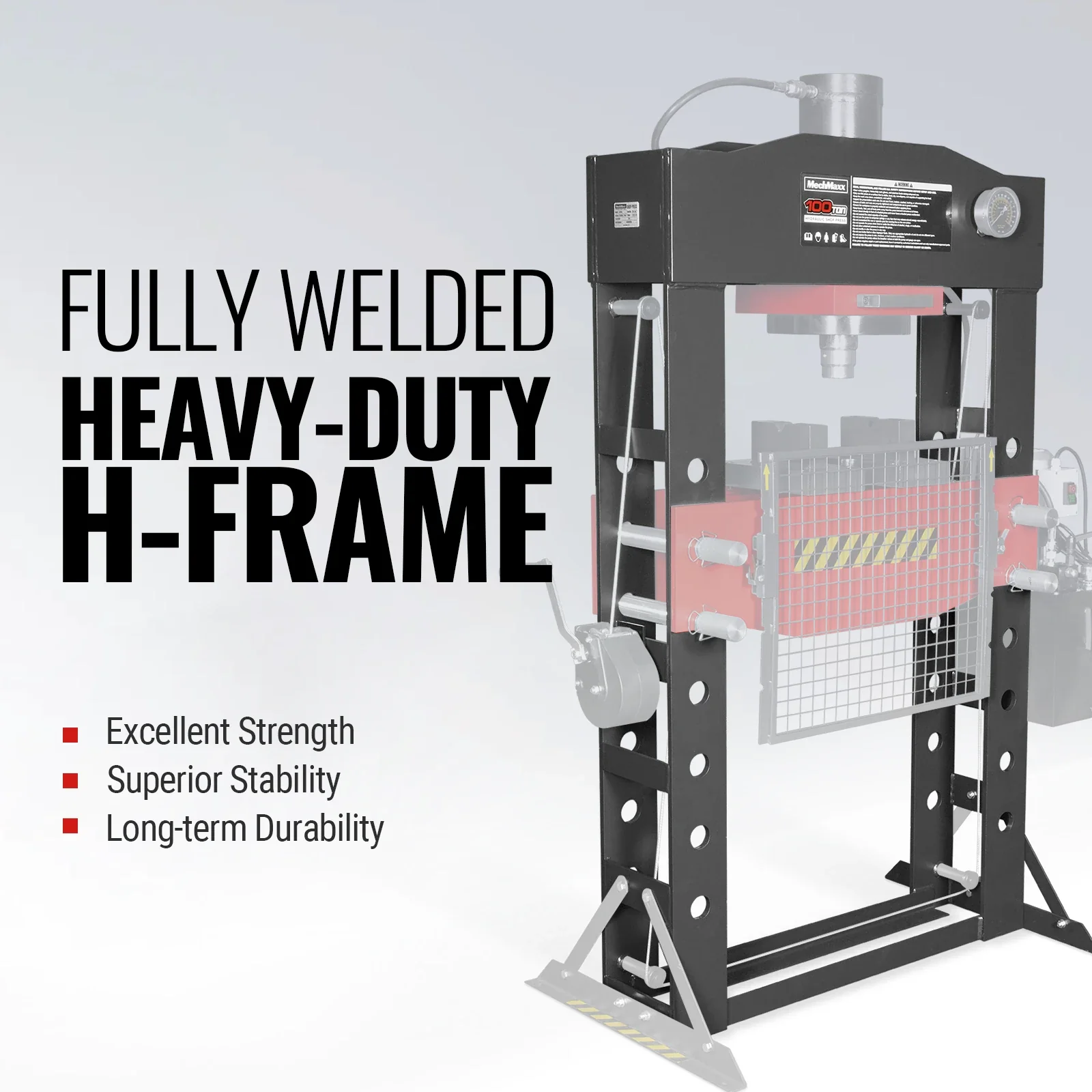 100 Ton H-Frame Electric Hydraulic Shop Press with Hand Winch, 110V Motor, Fully Welded Steel Frame, Safety Guard, Foot Pedal Control, HSP100E - Image 3