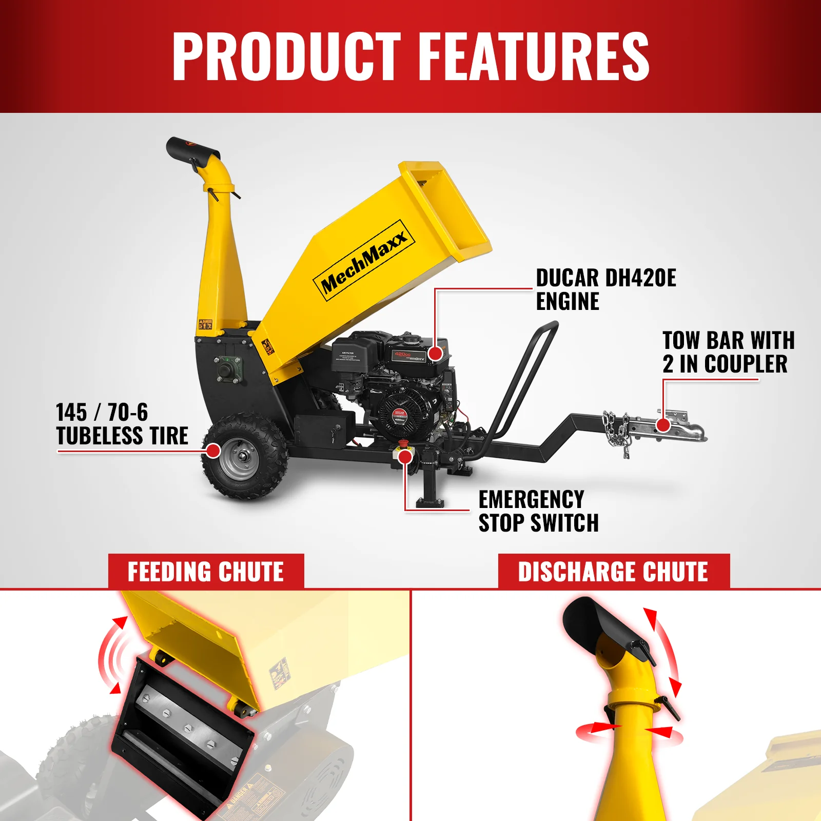 5 inch E-start DUCAR 420cc 15hp Gasoline Engine Powered Drum Wood Chipper with Towbar ,  PGS1500 - Image 3