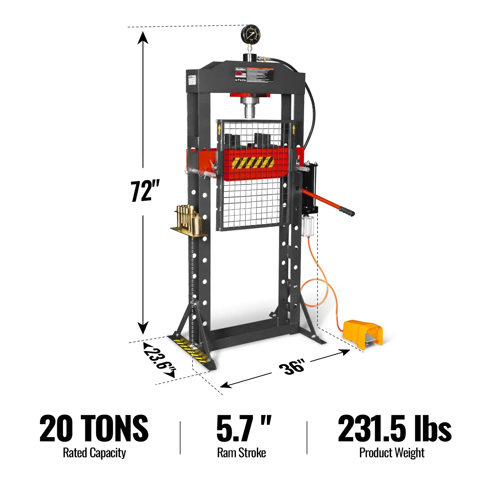 20 Ton H-Frame Air/Hydraulic Shop Press with Press Pin Kit, Fully Welded Steel Frame, Safety Guard, Foot Pedal Control, HSP20 - Image 2