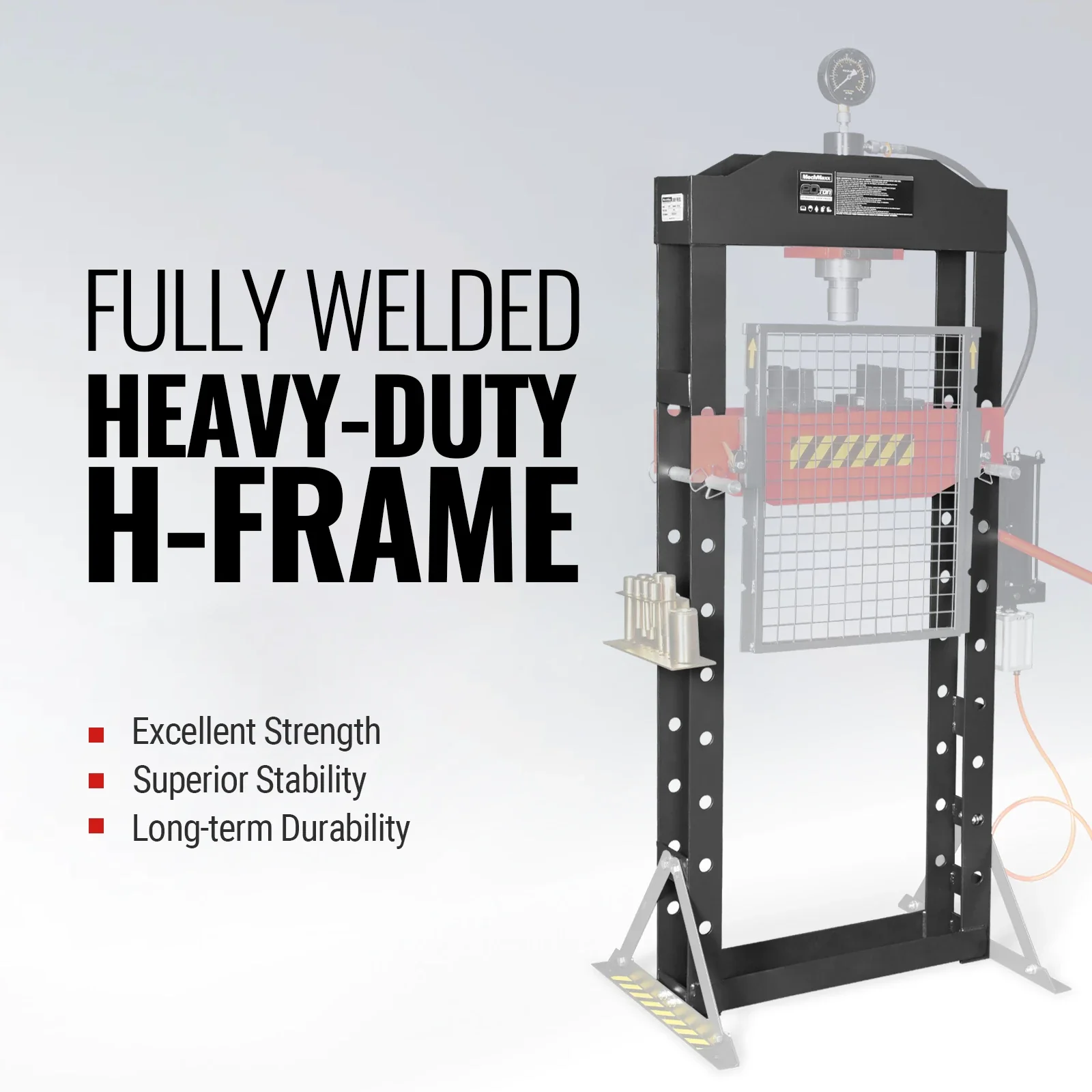 20 Ton H-Frame Air/Hydraulic Shop Press with Press Pin Kit, Fully Welded Steel Frame, Safety Guard, Foot Pedal Control, HSP20 - Image 3