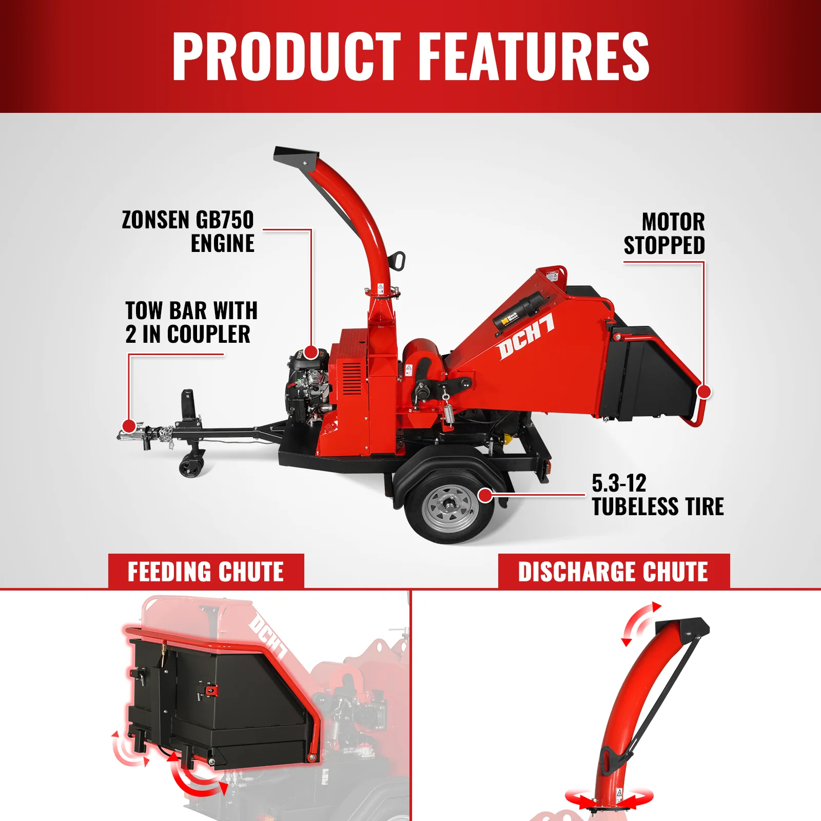 25hp 750cc Twin Cylinder ZONSEN Petrol Engine 7" Hydraulic Feeding Wood Chipper,  DCH7 - Image 7