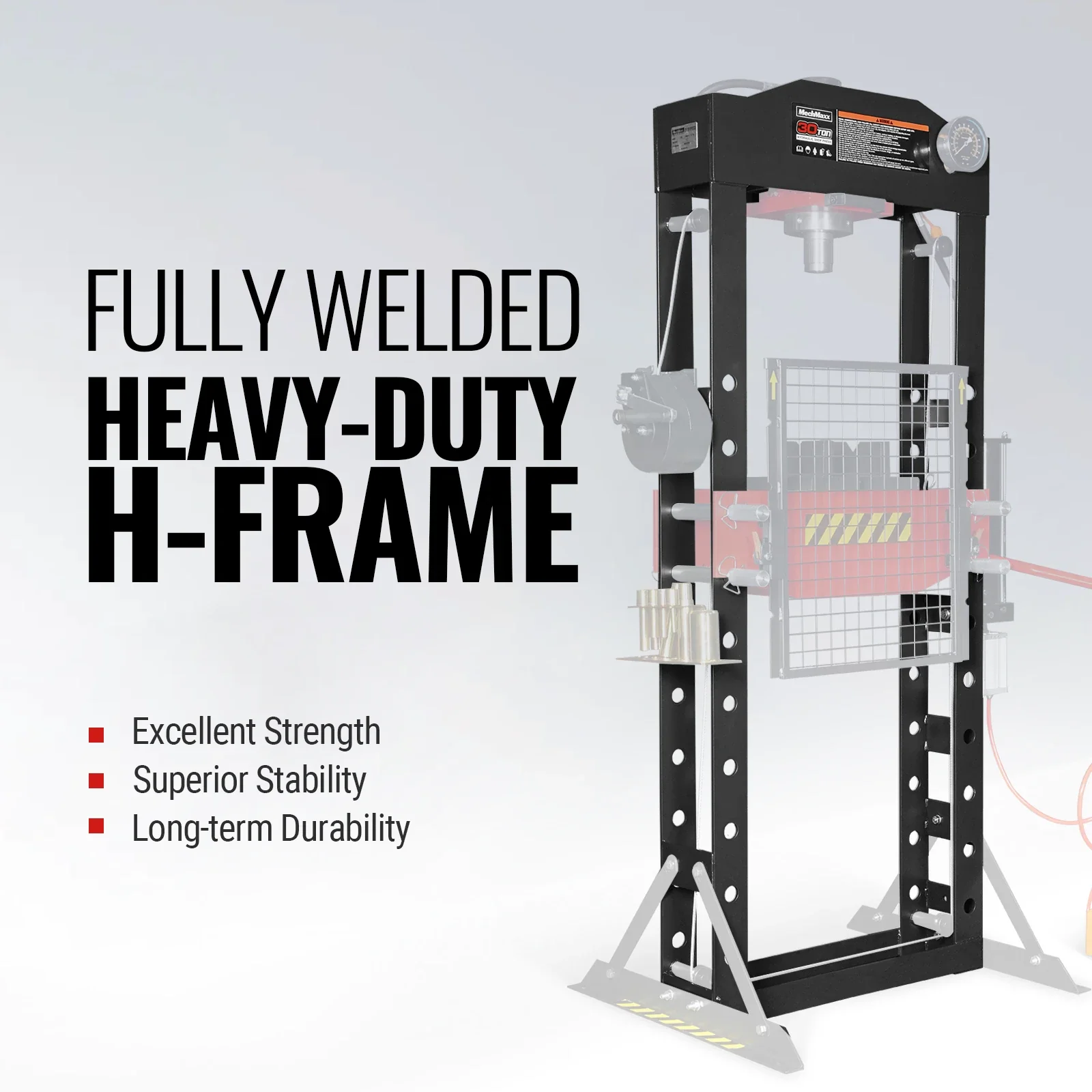 30 Ton H-Frame Air/Hydraulic Shop Press with Hand Winch & Press Pin Kit, Fully Welded Steel Frame, Safety Guard, Foot Pedal Control, HSP30 - Image 3