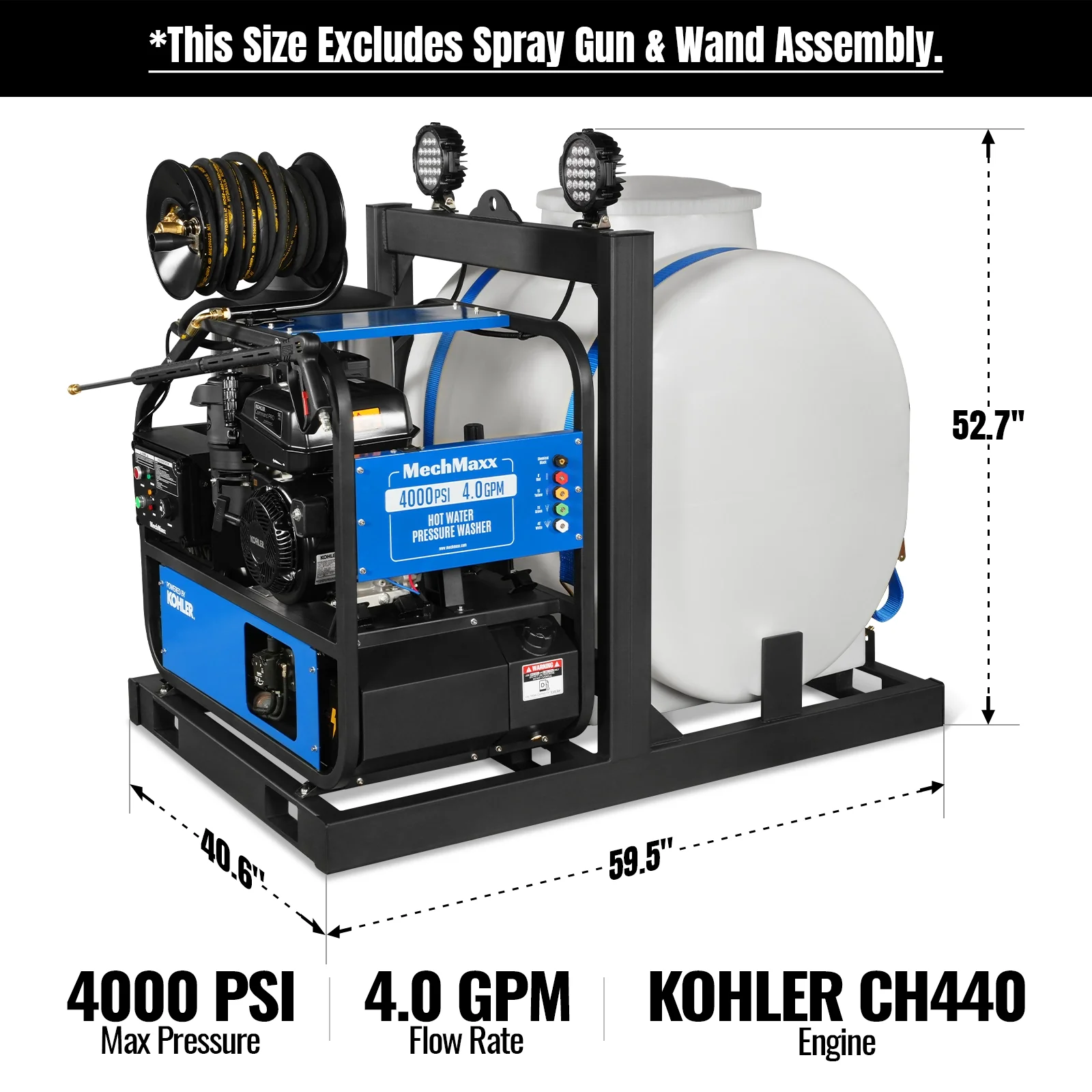 4000 PSI 4 GPM KOHLER E-Start Engine Hot Water Pressure Washer Skid Mounted with 175 Gal Tank, HPW40KT - Image 2