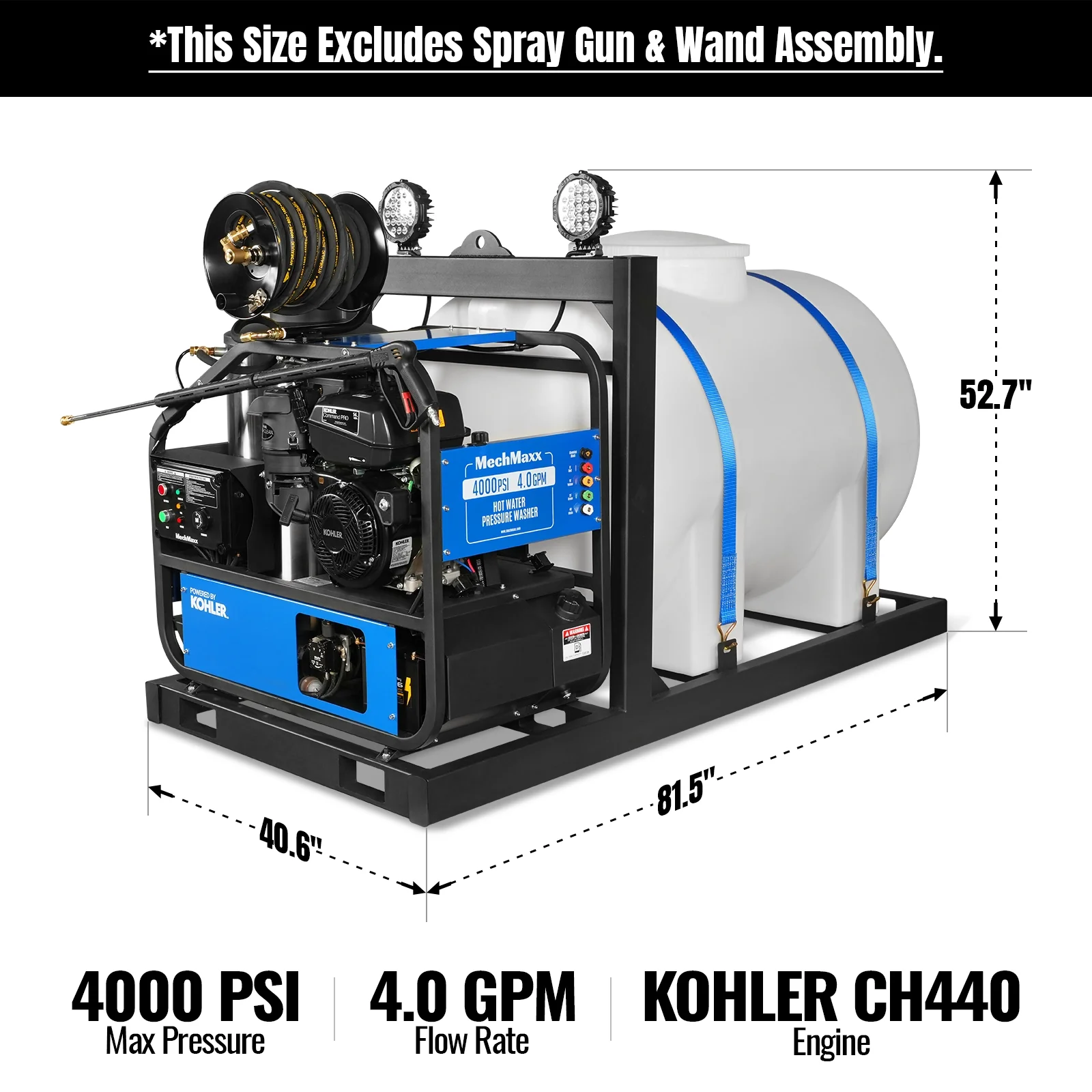 4000 PSI 4 GPM KOHLER E-Start Engine Hot Water Pressure Washer Skid Mounted with 245 Gal Tank, HPW40KBT - Image 2