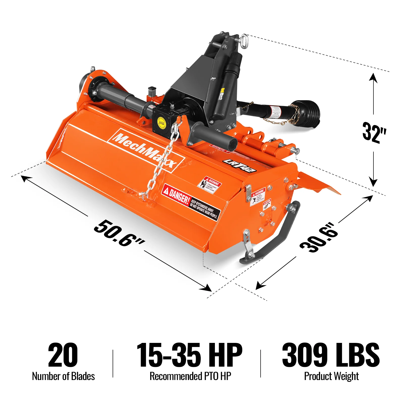 42 in Rotary Tiller, 3 Point Hitch Cat.1, Chain Drive, PTO Shaft Included with Shear Bolt, 15–35 HP, LRT42 - Image 2