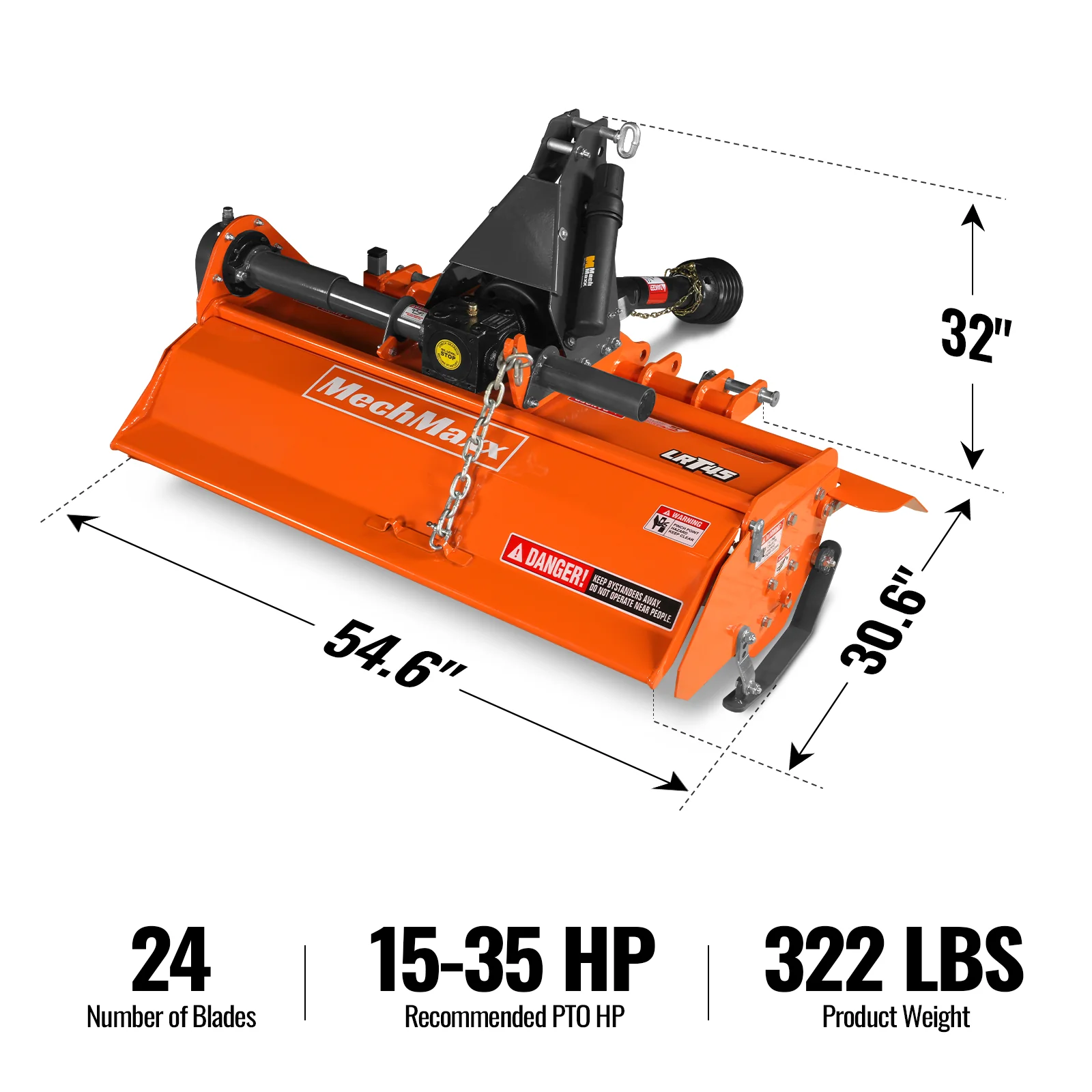 45 in Rotary Tiller, 3 Point Hitch Cat.1, Chain Drive, PTO Shaft Included with Shear Bolt, 15-35 HP, LRT45 - Image 2