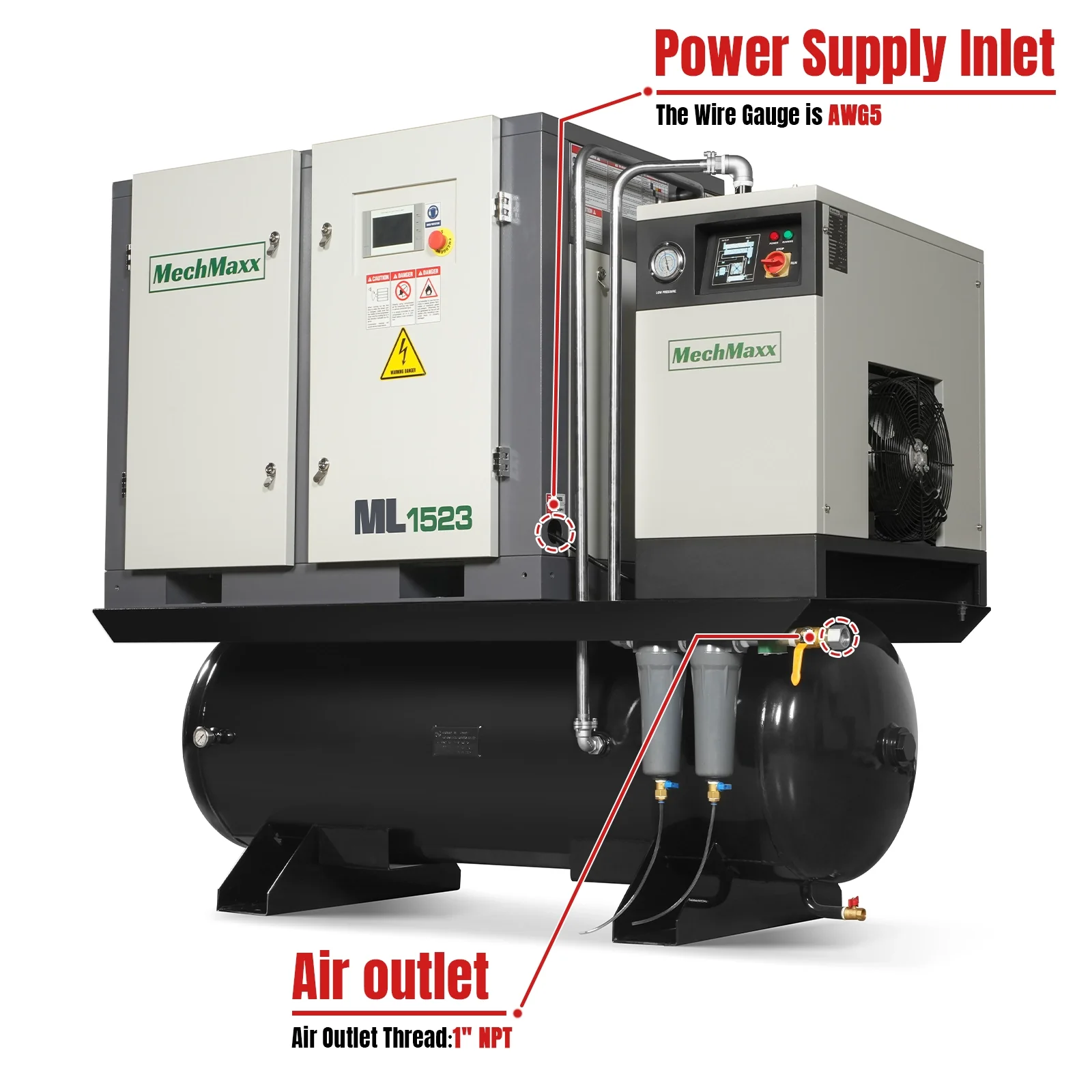 15HP Combined Rotary Screw Air Compressor with Dryer & 105-Gal ASME Tank | 45 CFM,  116 PSI,  230V 3-Phase - Industrial Grade - Image 3