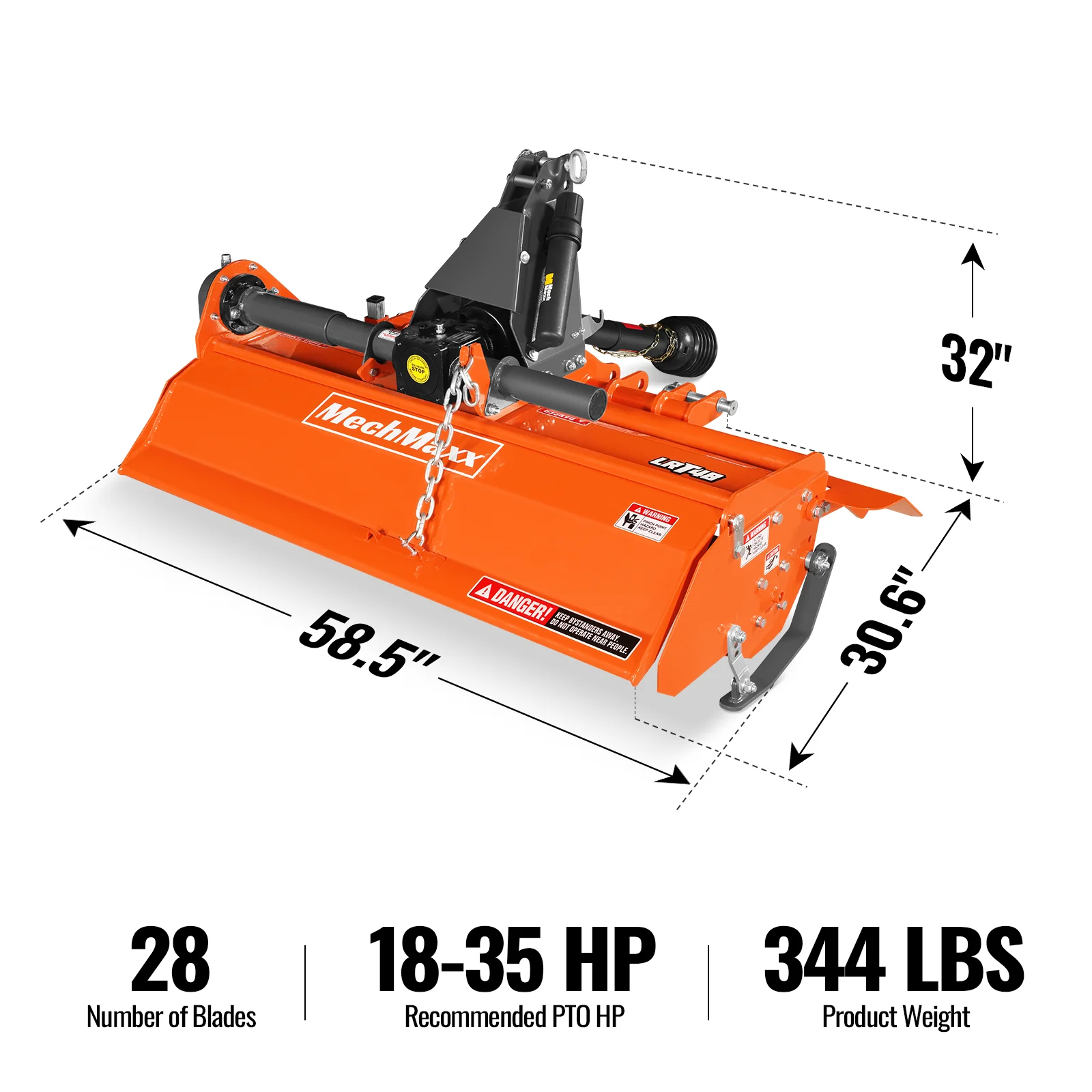 48 in Rotary Tiller, 3 Point Hitch Cat.1, Chain Drive, PTO Shaft Included with Shear Bolt, 18-35 HP, LRT48 - Image 2