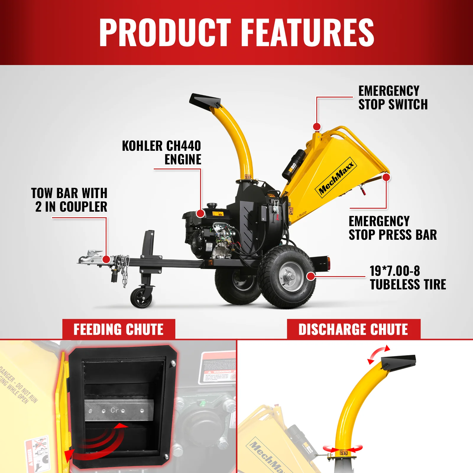 5 inch E-stat KOHLER 429cc 14hp Gasoline Engine Powered Disc Wood Chipper with Taillight ,  P4205 - Image 5