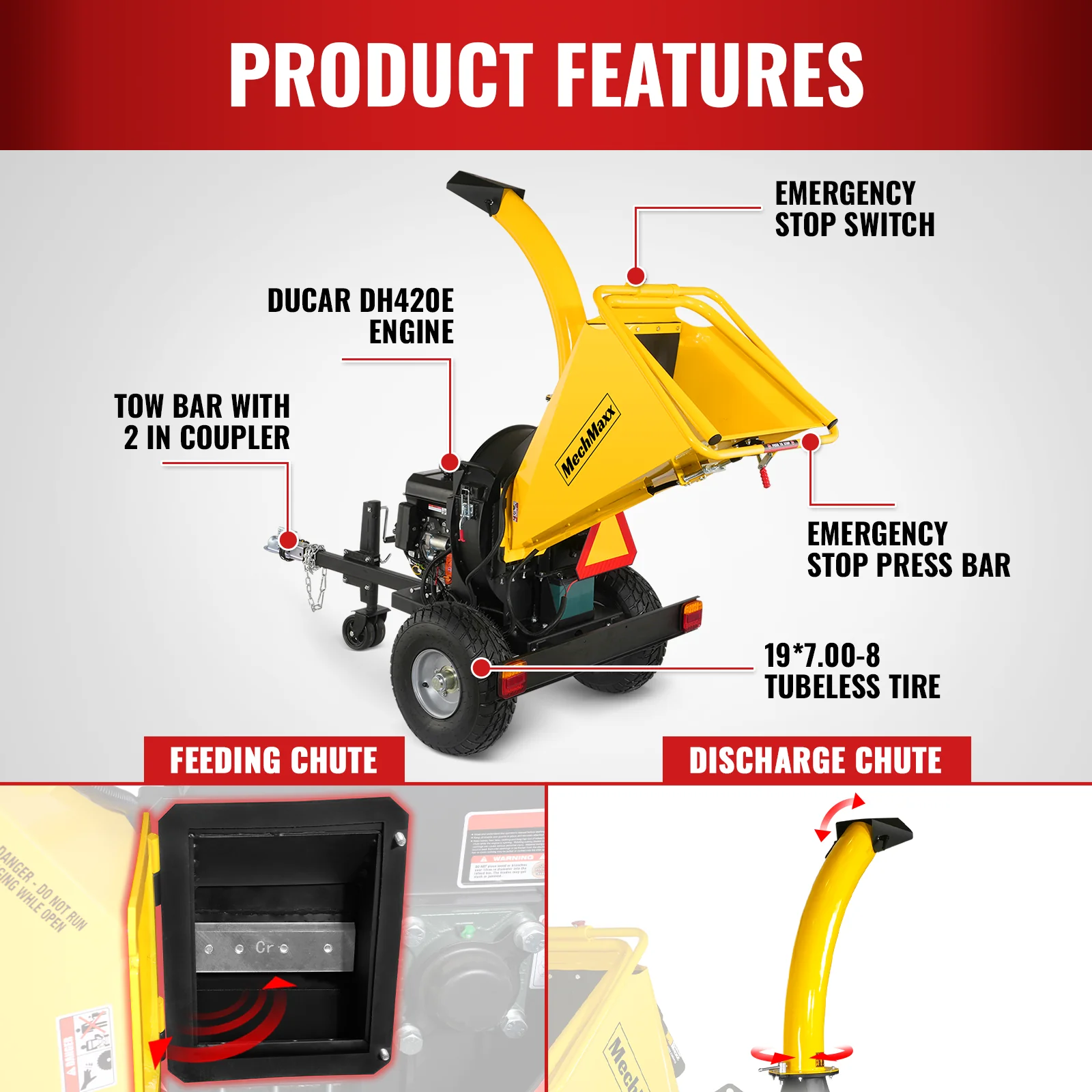 5 inch E-start DUCAR 420cc 15hp Gasoline Engine Powered Disc Wood Chipper with Taillight ,  P4205 - Image 4