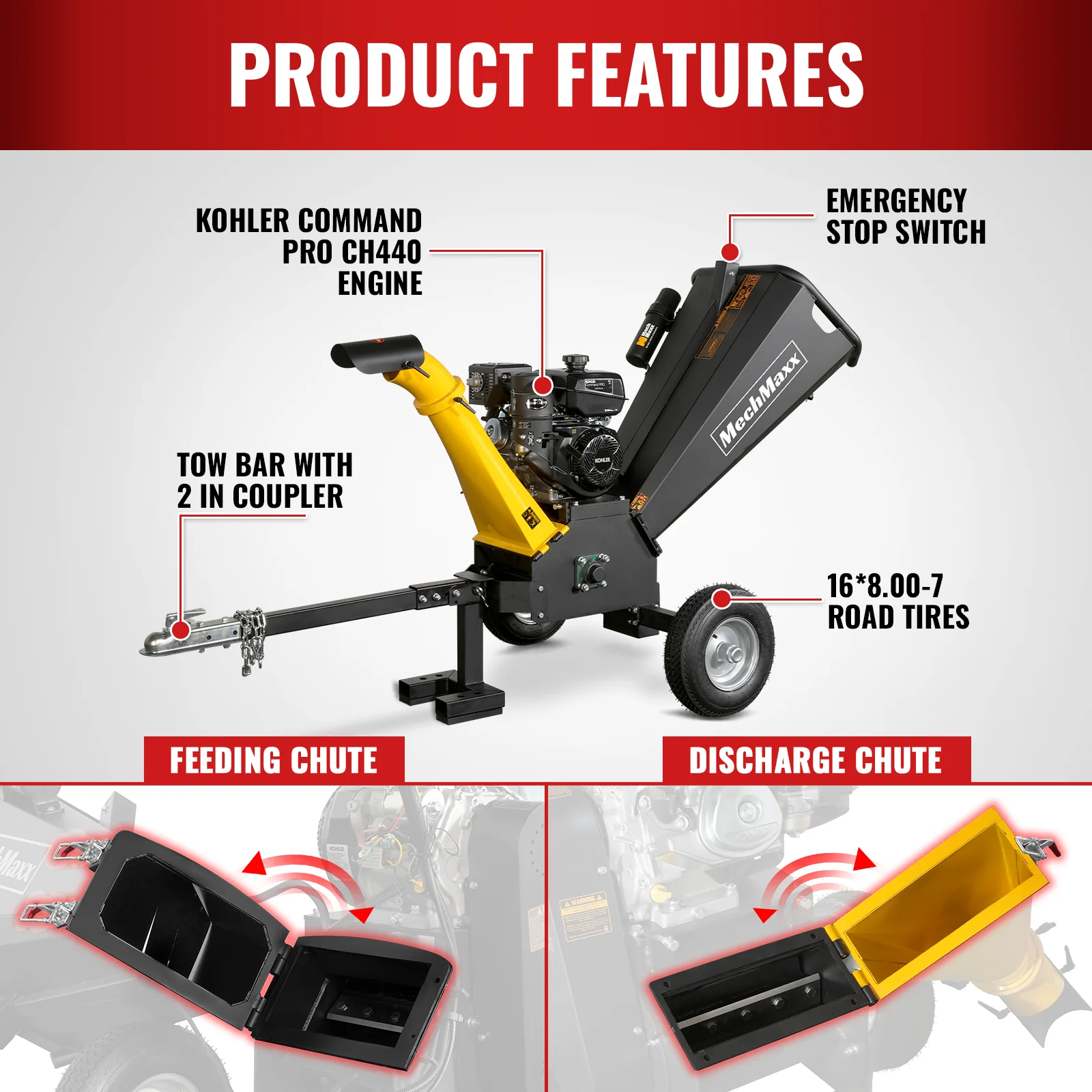 5 inch E-start KOHLER 429cc Gasoline Engine Powered Wood Chipper,  GS1500 - Image 13