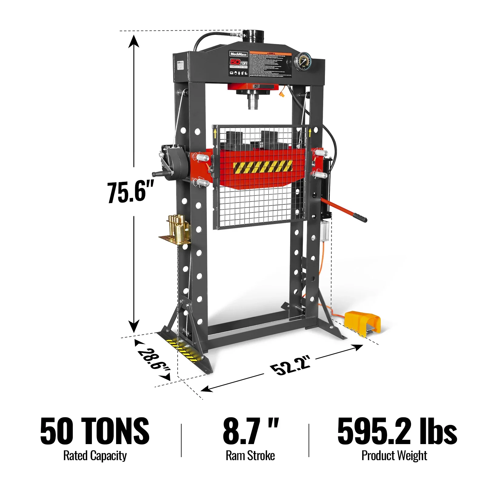 50 Ton H-Frame Air/Hydraulic Shop Press with Hand Winch & Press Pin Kit, Fully Welded Steel Frame, Safety Guard, Foot Pedal Control, HSP50 - Image 2