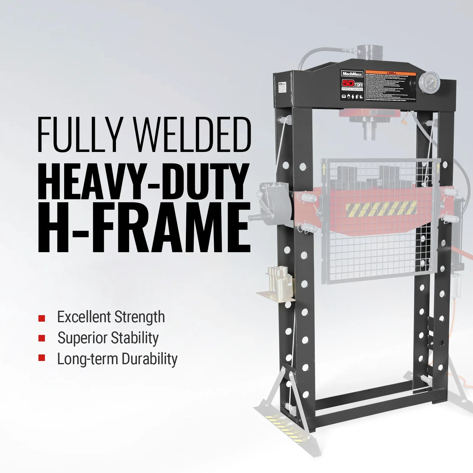 50 Ton H-Frame Air/Hydraulic Shop Press with Hand Winch & Press Pin Kit, Fully Welded Steel Frame, Safety Guard, Foot Pedal Control, HSP50 - Image 3