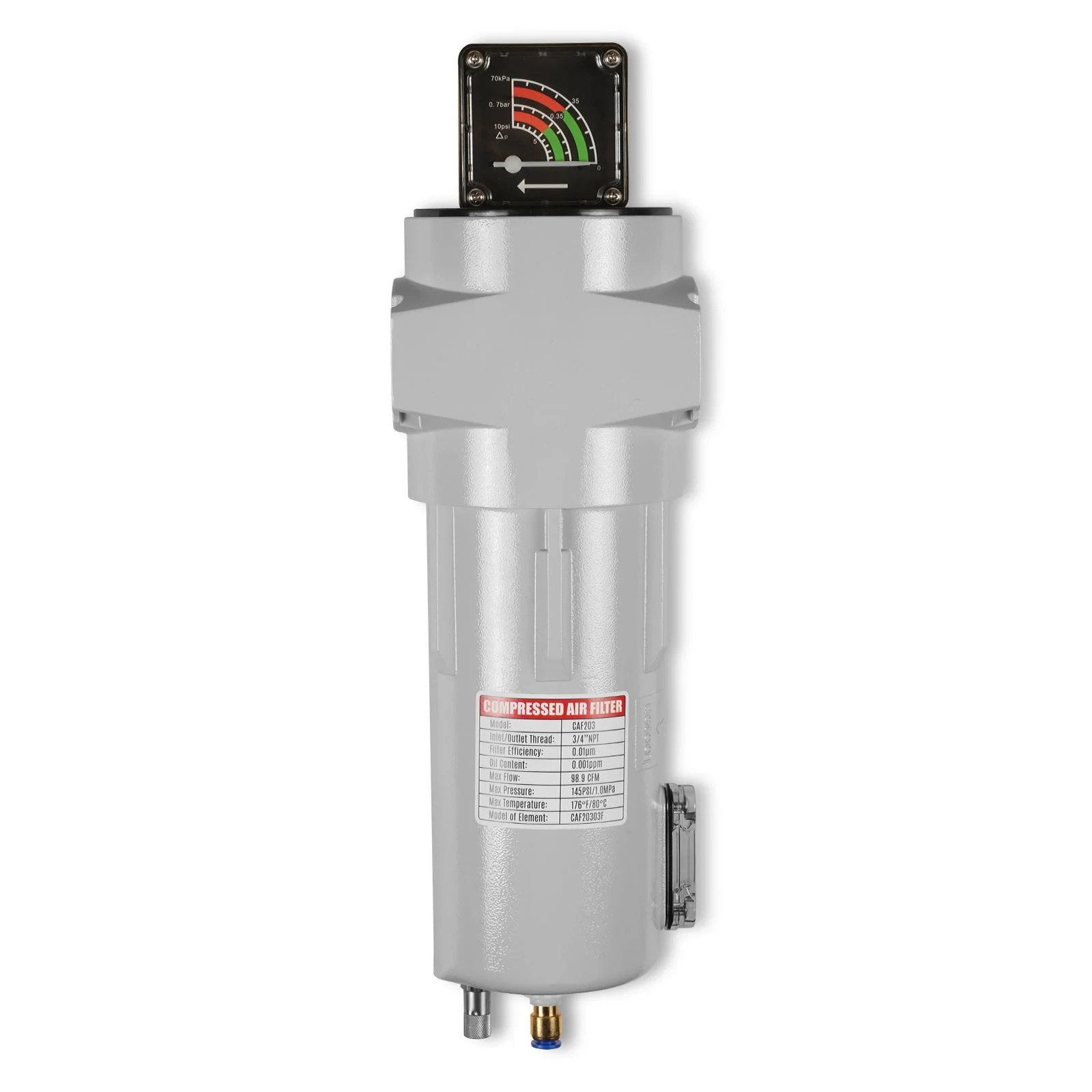 99 CFM Compressed Air Oil-Water Separator Precision Filter,0.01μm,Oil Content 0.001ppm, With Auto Drain, Pressure Gauge - Image 5