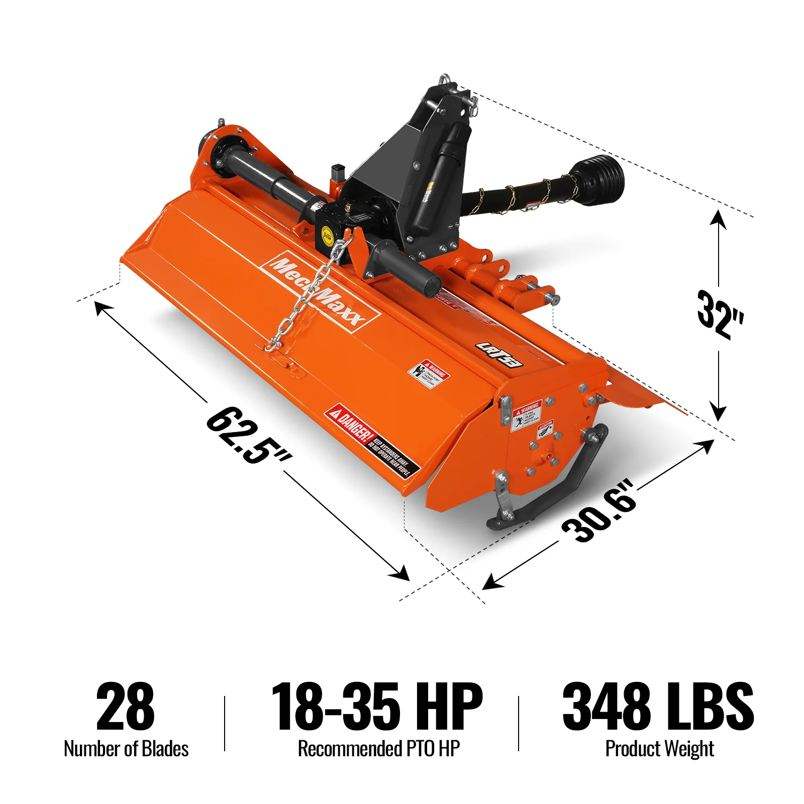 53 in Rotary Tiller, 3 Point Hitch Cat.1, Chain Drive, PTO Shaft Included with Shear Bolt, 18-35 HP, LRT53 - Image 2