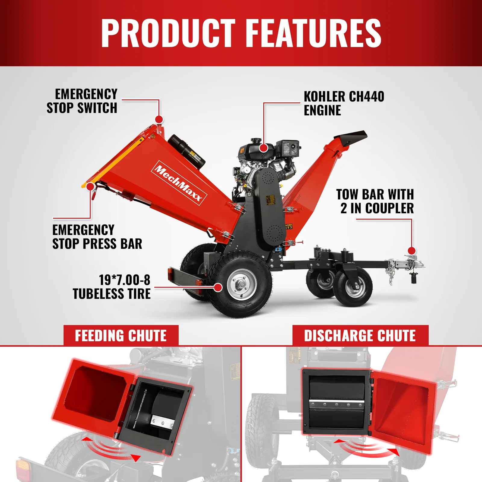 6 inch KOHLER E-Start 429cc 14HP Gas Powered 4 - Wheel Drum Wood Chipper with Taillight ,  B150 - Image 7