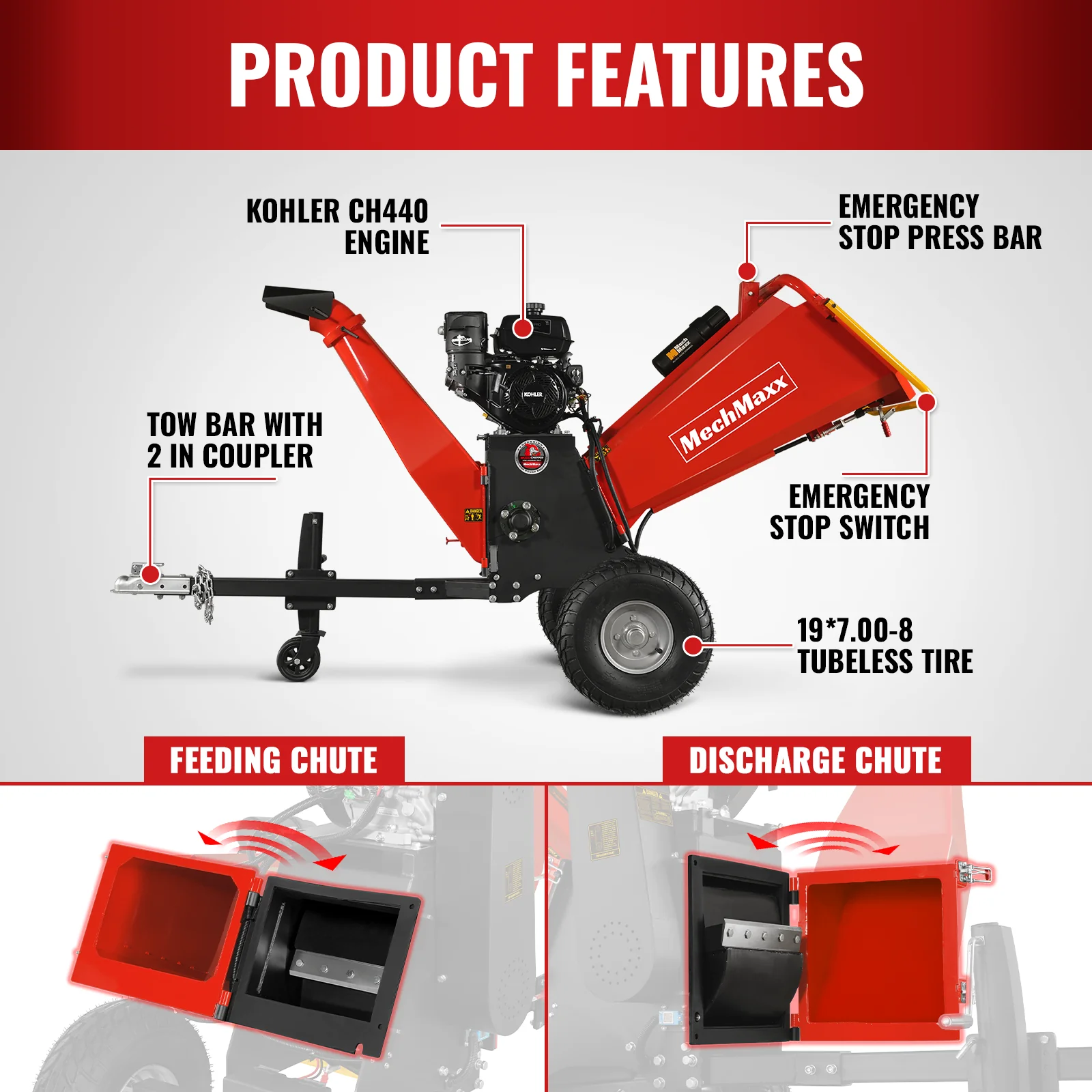 6 inch KOHLER E-Start 429cc 14HP Gasoline Engine Powered Drum Wood Chipper , P4206 - Image 3
