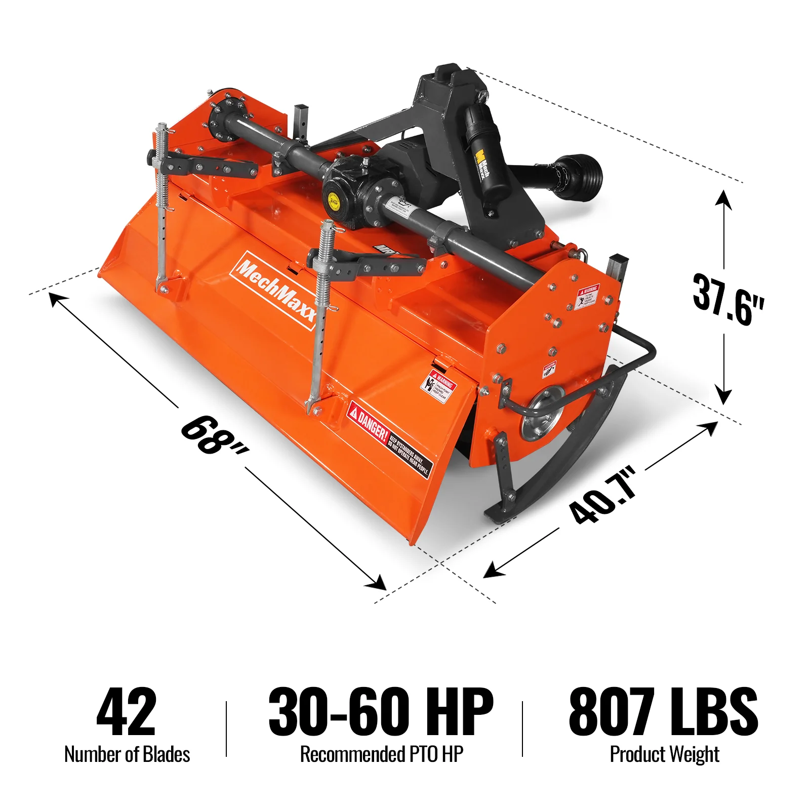 60 in Rotary Tiller, 3 Point Hitch Cat.1 & 2, Gear Drive, PTO Shaft Included with Slip Clutch, 30-60 HP, MRT60 - Image 2