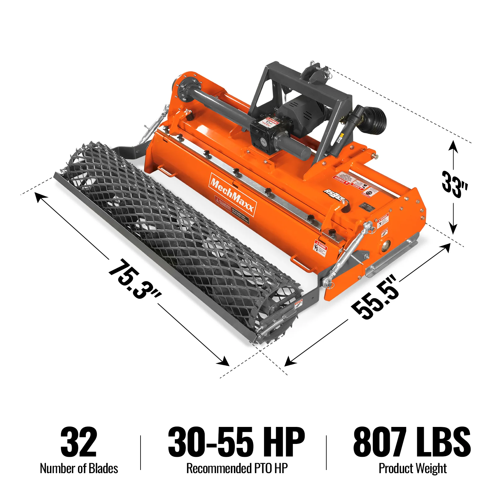 65 in Stone Burier Reverse Rotary Tiller, 3 Point Hitch Cat.1, Chain Drive, PTO Shaft Included with Slip Clutch, 30-55 HP, RSB65 - Image 2