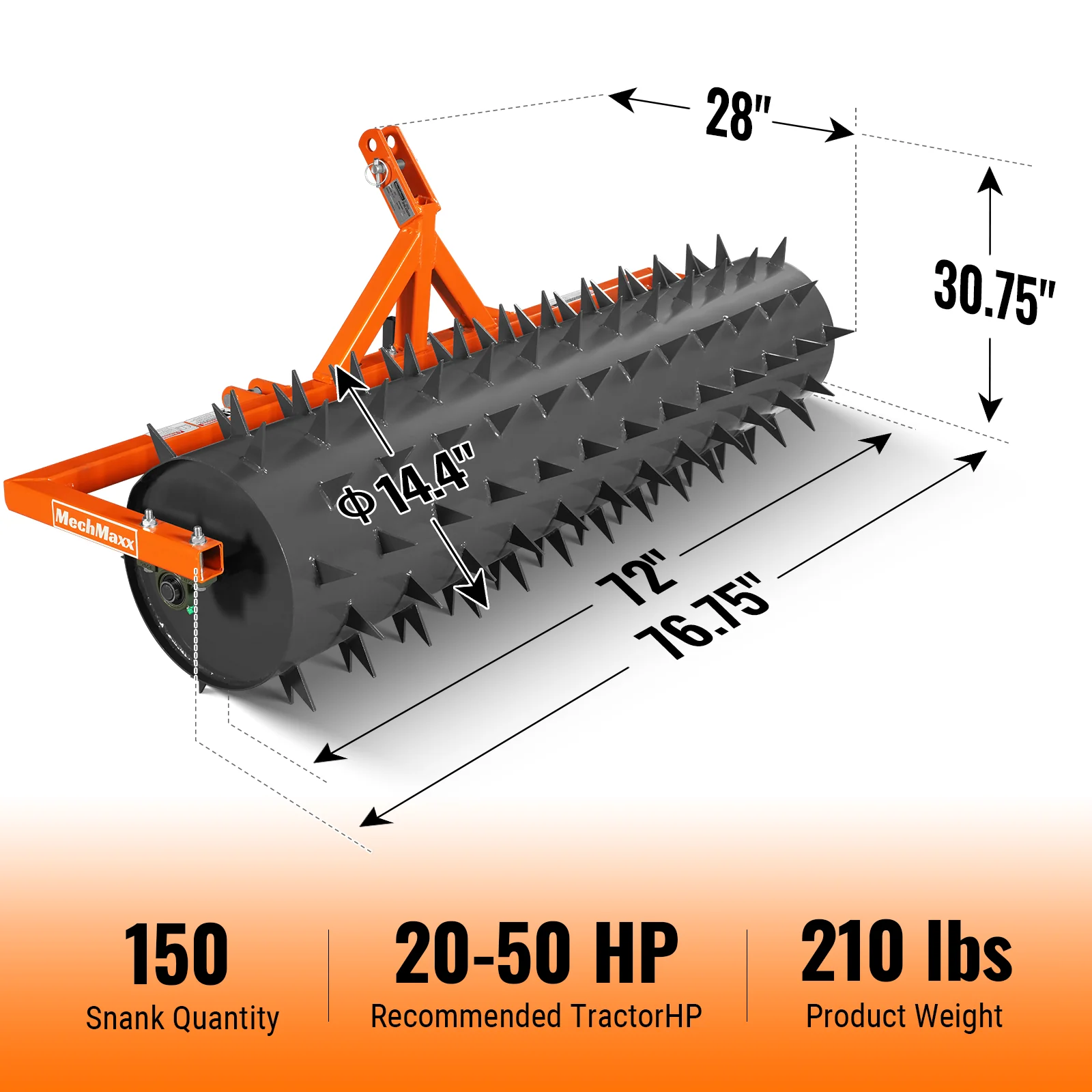 72" Drum Spike Aerator Cat. 1 3-Point Hitch Tractor Attachment, DSA72 - Image 2
