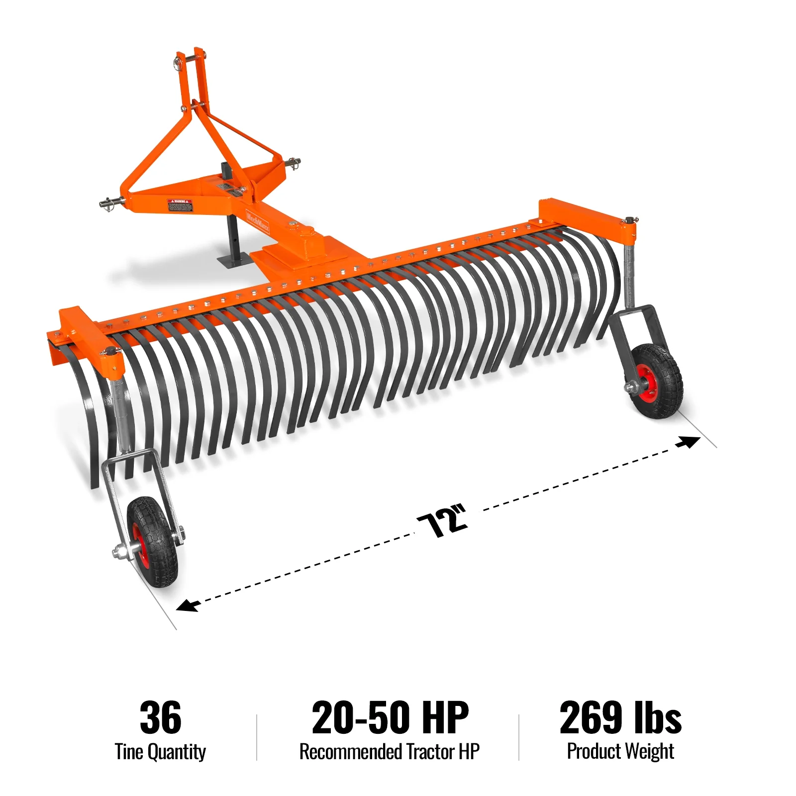 72" Landscape Rake with Bolt-On Wheels & 36 Tines 3 Point Hitch Tractor Attachment, LR72W - Image 2