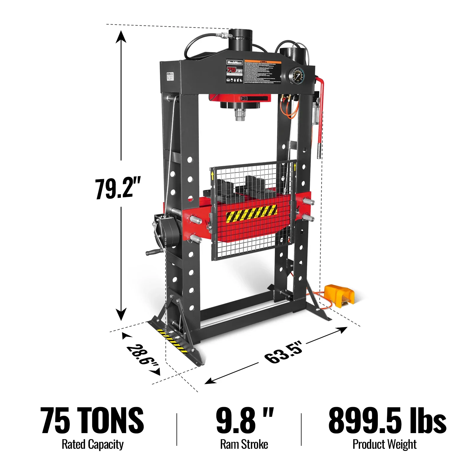 75 Ton H-Frame Air/Hydraulic Shop Press with Hand Winch, Fully Welded Steel Frame, Safety Guard, Foot Pedal Control, HSP75 - Image 2
