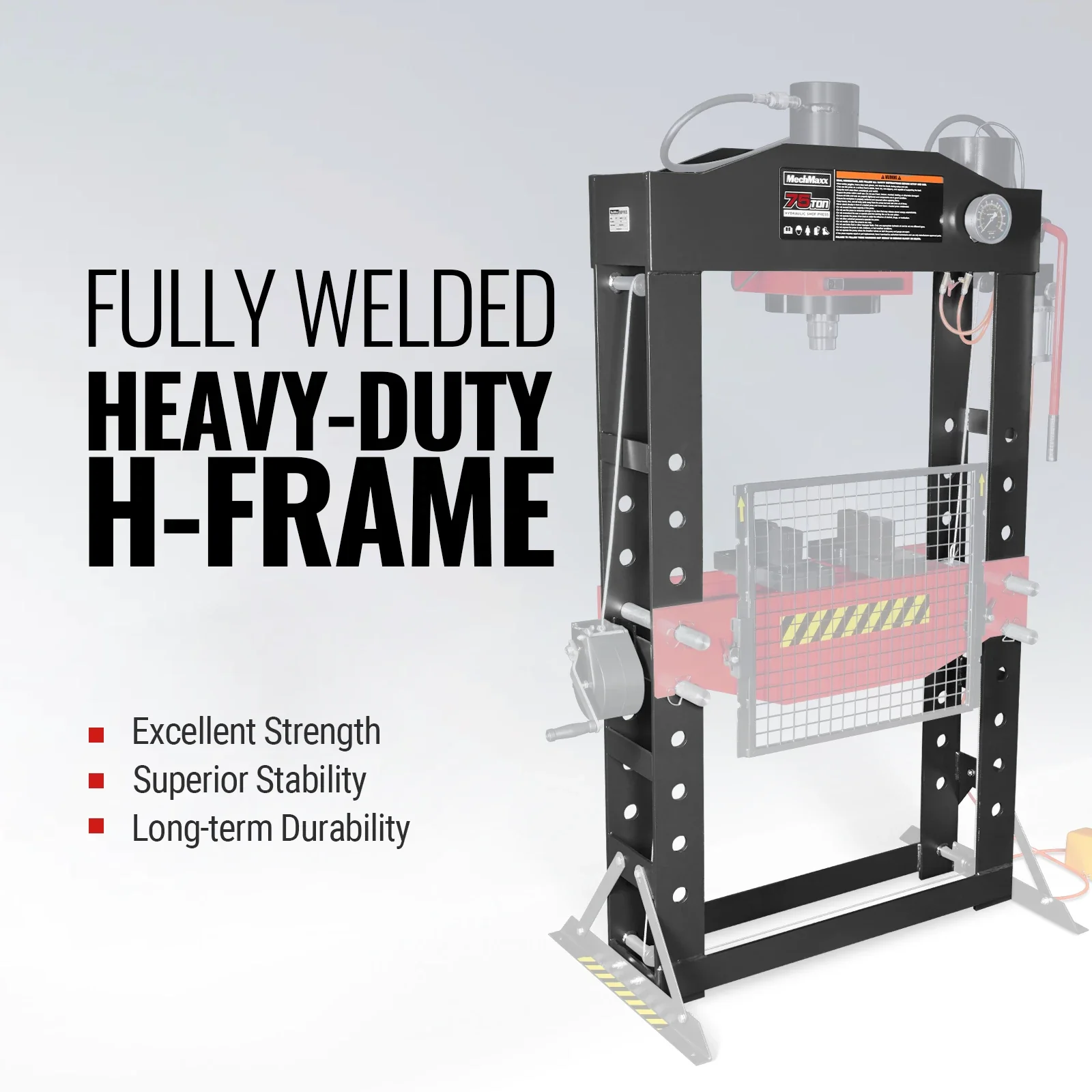75 Ton H-Frame Air/Hydraulic Shop Press with Hand Winch, Fully Welded Steel Frame, Safety Guard, Foot Pedal Control, HSP75 - Image 3