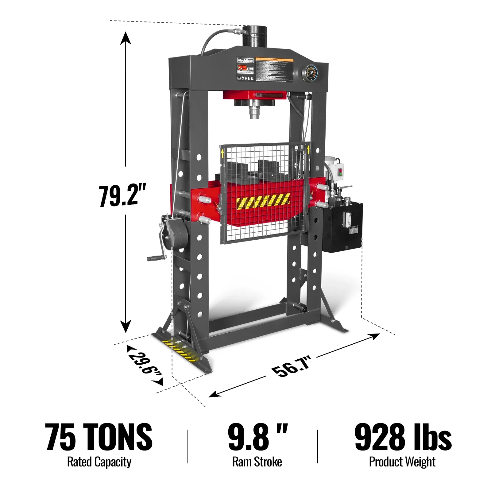 75 Ton H-Frame Electric Hydraulic Shop Press with Hand Winch, 110V Motor, Fully Welded Steel Frame, Safety Guard, Foot Pedal Control, HSP75E - Image 2