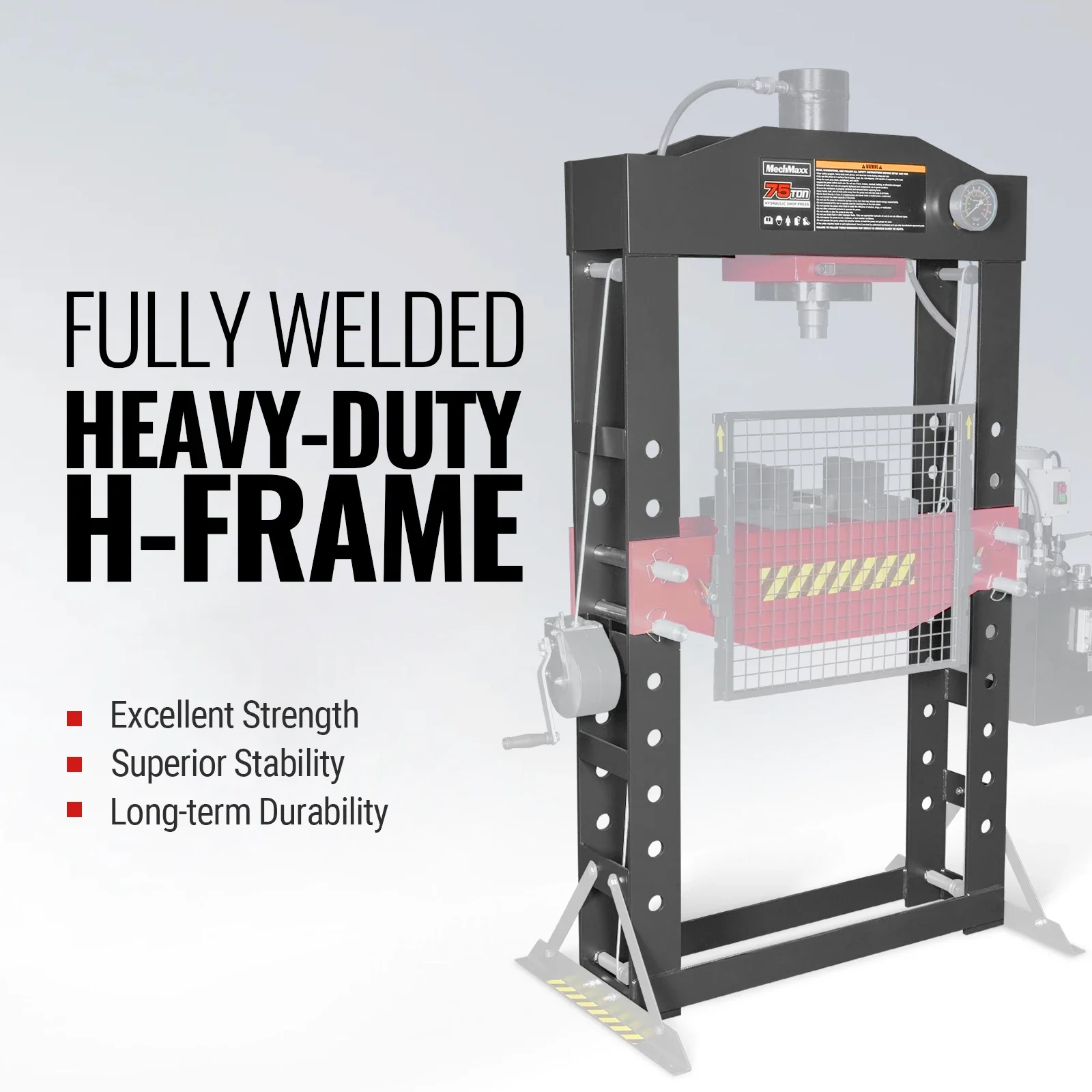 75 Ton H-Frame Electric Hydraulic Shop Press with Hand Winch, 110V Motor, Fully Welded Steel Frame, Safety Guard, Foot Pedal Control, HSP75E - Image 3