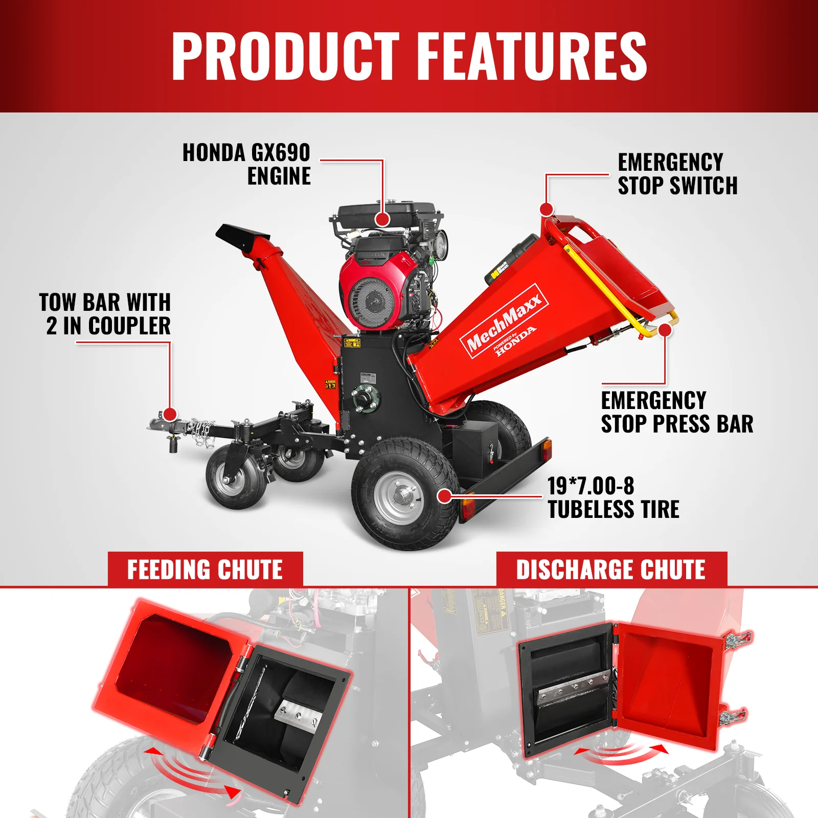 8 inch HONDA E-Start 688cc 22hp Gas Powered 4 - Wheel Drum Wood Chipper with Taillight ,  B200 - Image 11