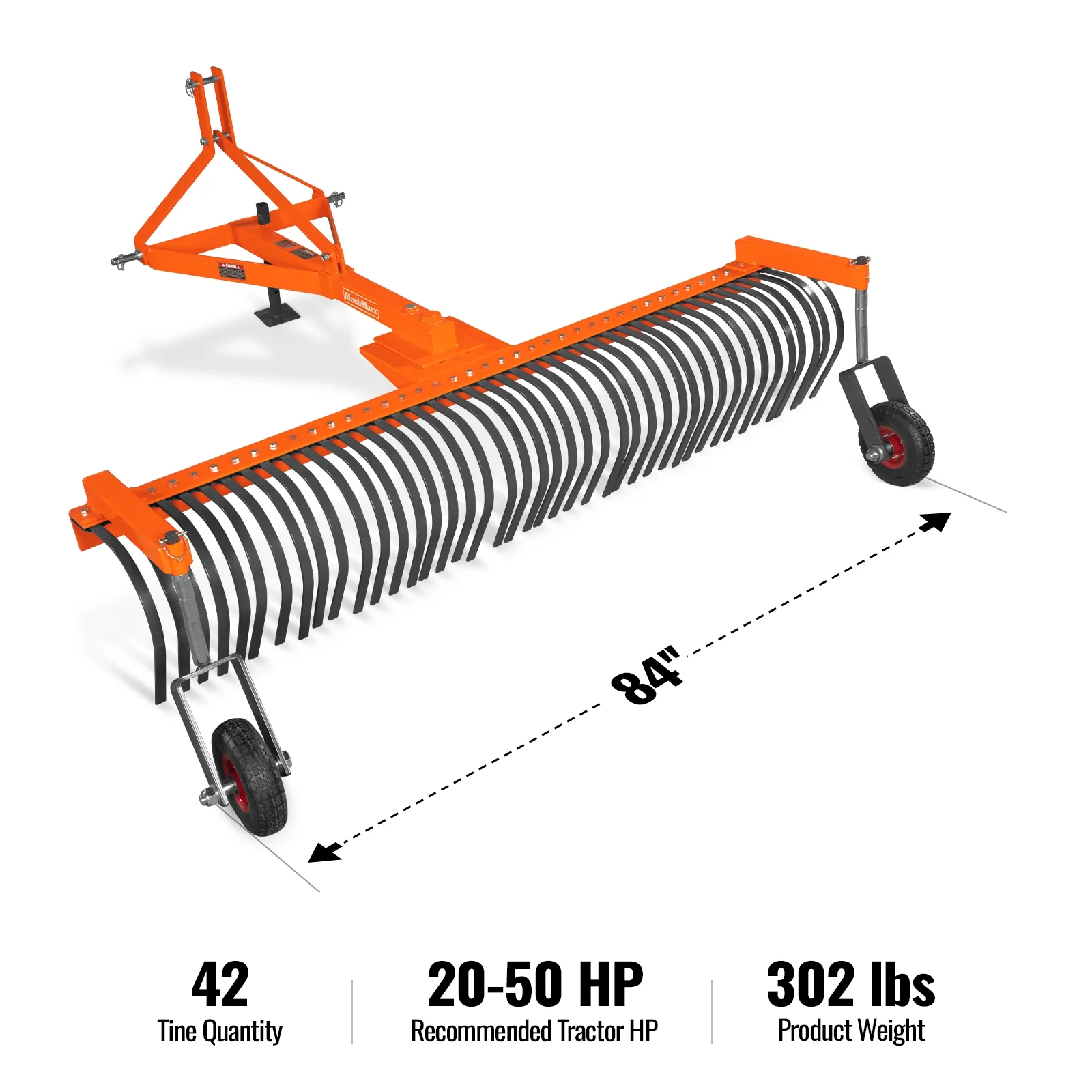 84" Landscape Rake with Bolt-On Wheels & 42 Tines 3 Point Hitch Tractor Attachment,  LR84W - Image 2