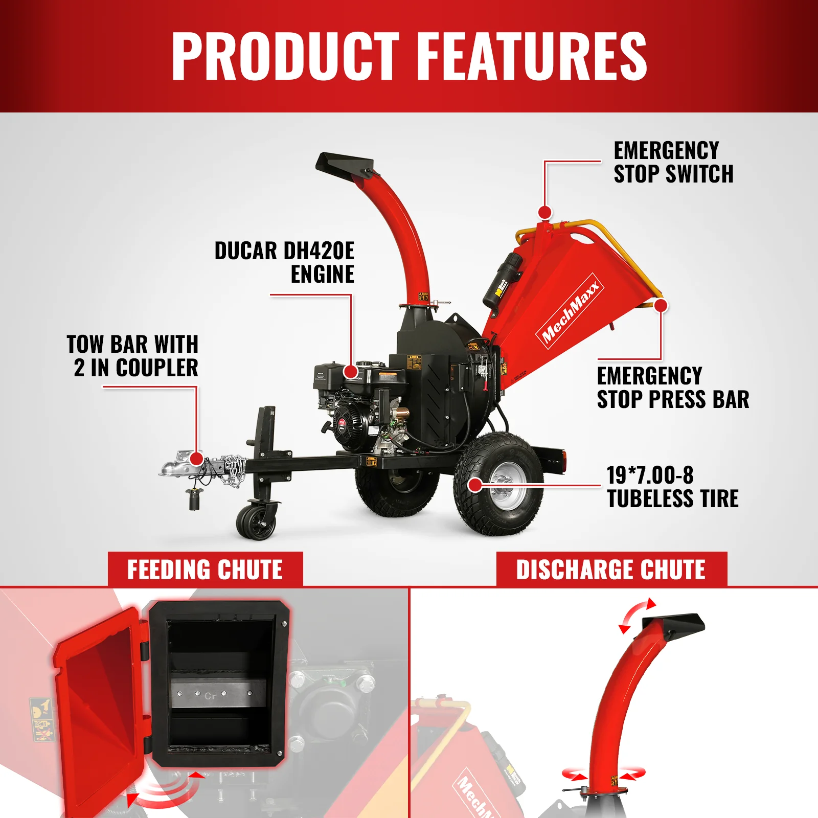 5 inch E-start DUCAR 420cc 15hp Gasoline Engine Powered Disc Wood Chipper with Taillight ,  P4205 - Image 6
