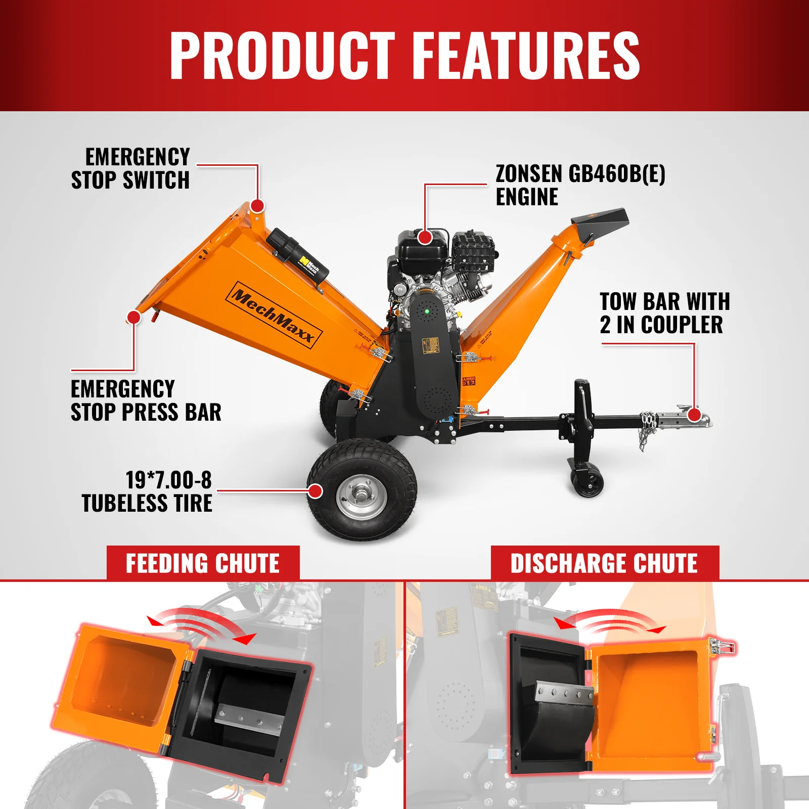 6 inch E-start ZONSEN 459cc 15hp Gasoline Engine Powered Drum Wood Chipper ,  P4206 - Image 7