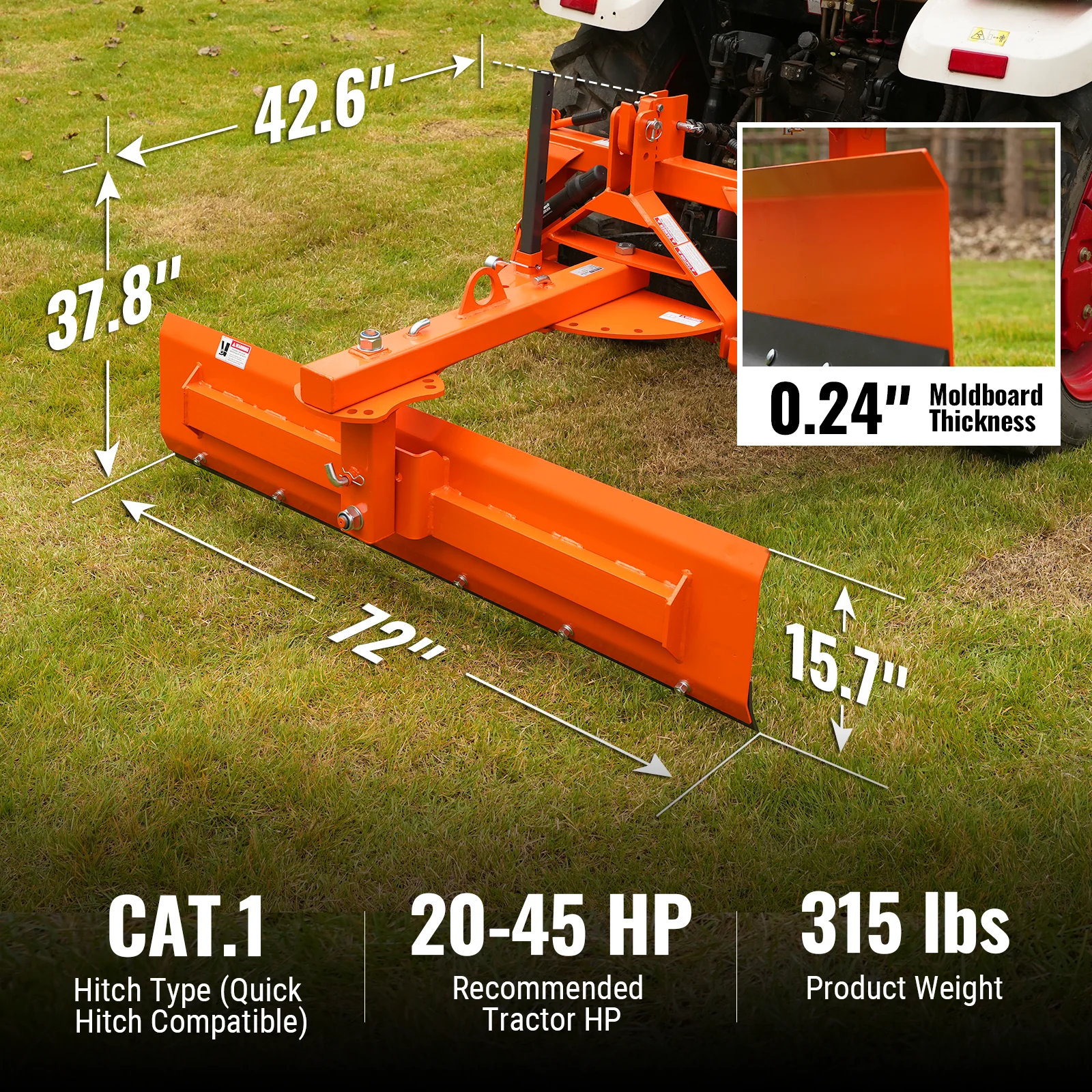 72" 6-Way Rear Blade 3 Point Hitch Tractor Attachment,  RB72S - Image 2