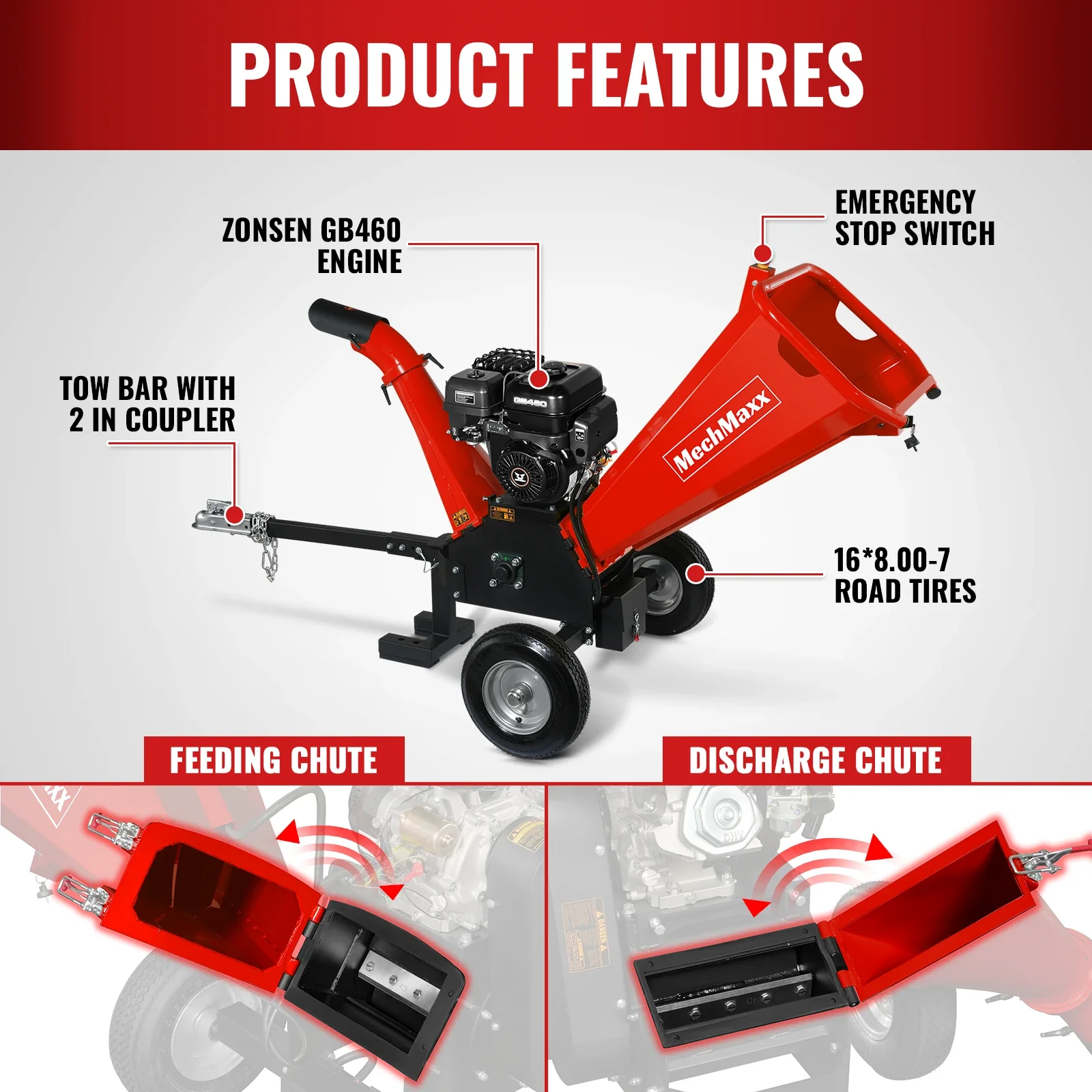 5 inch E-start ZONSEN 459cc Gasoline Engine Powered Wood Chipper ,  GS1500 - Image 5