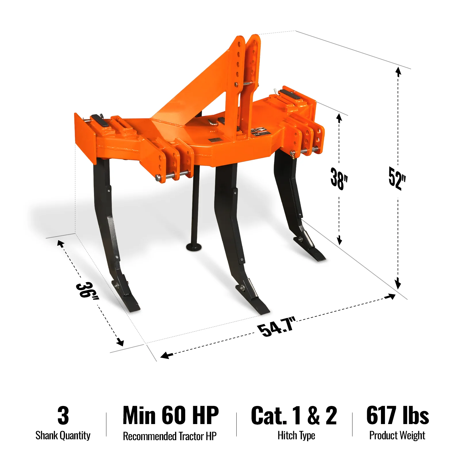 Heavy Duty 3 Shank Subsoiler Plow Ground Ripper 3 Point Hitch Cat1&2,  SS3S - Image 2
