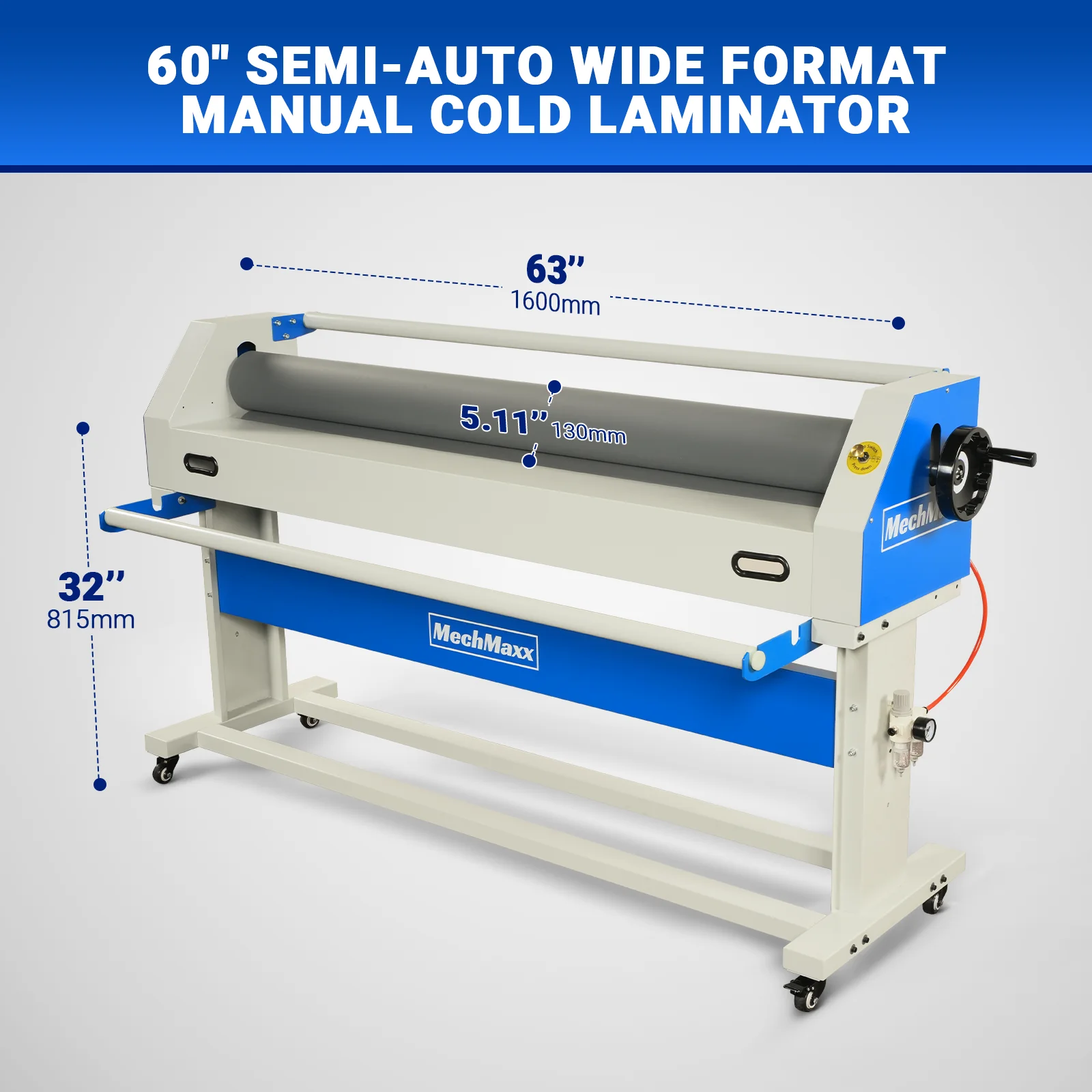 63" Wide Format Pneumatic Laminator Manual Cold Laminating Machine 60" Max Laminating Width,Pneumatic Roller Lift & Wear-Resistant Rubber Roller Portable Stand Included, 0.78" Max Thickness (Requires Air Compressor, Not Included) 1600-C1 - Image 2