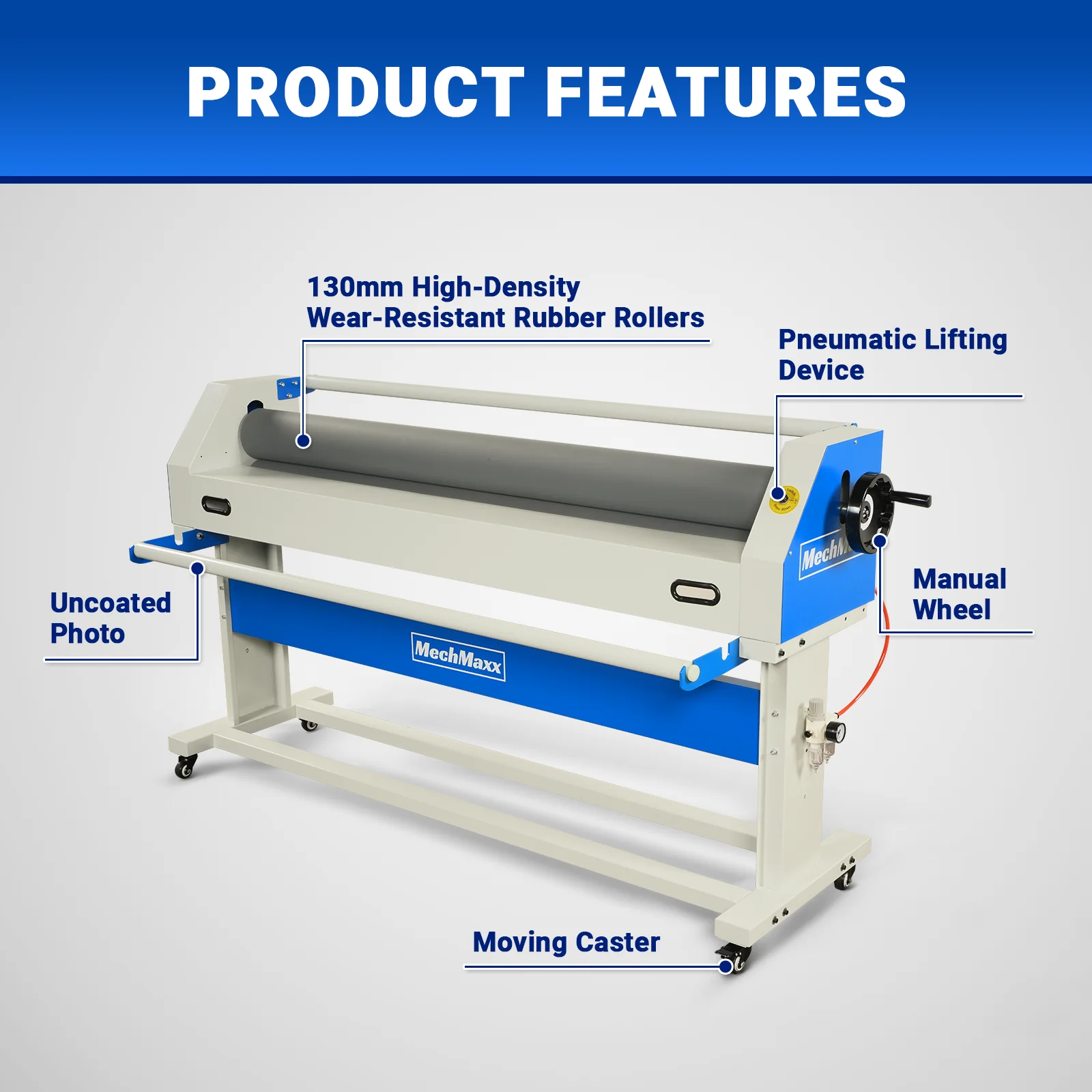 63" Wide Format Pneumatic Laminator Manual Cold Laminating Machine 60" Max Laminating Width,Pneumatic Roller Lift & Wear-Resistant Rubber Roller Portable Stand Included, 0.78" Max Thickness (Requires Air Compressor, Not Included) 1600-C1 - Image 3