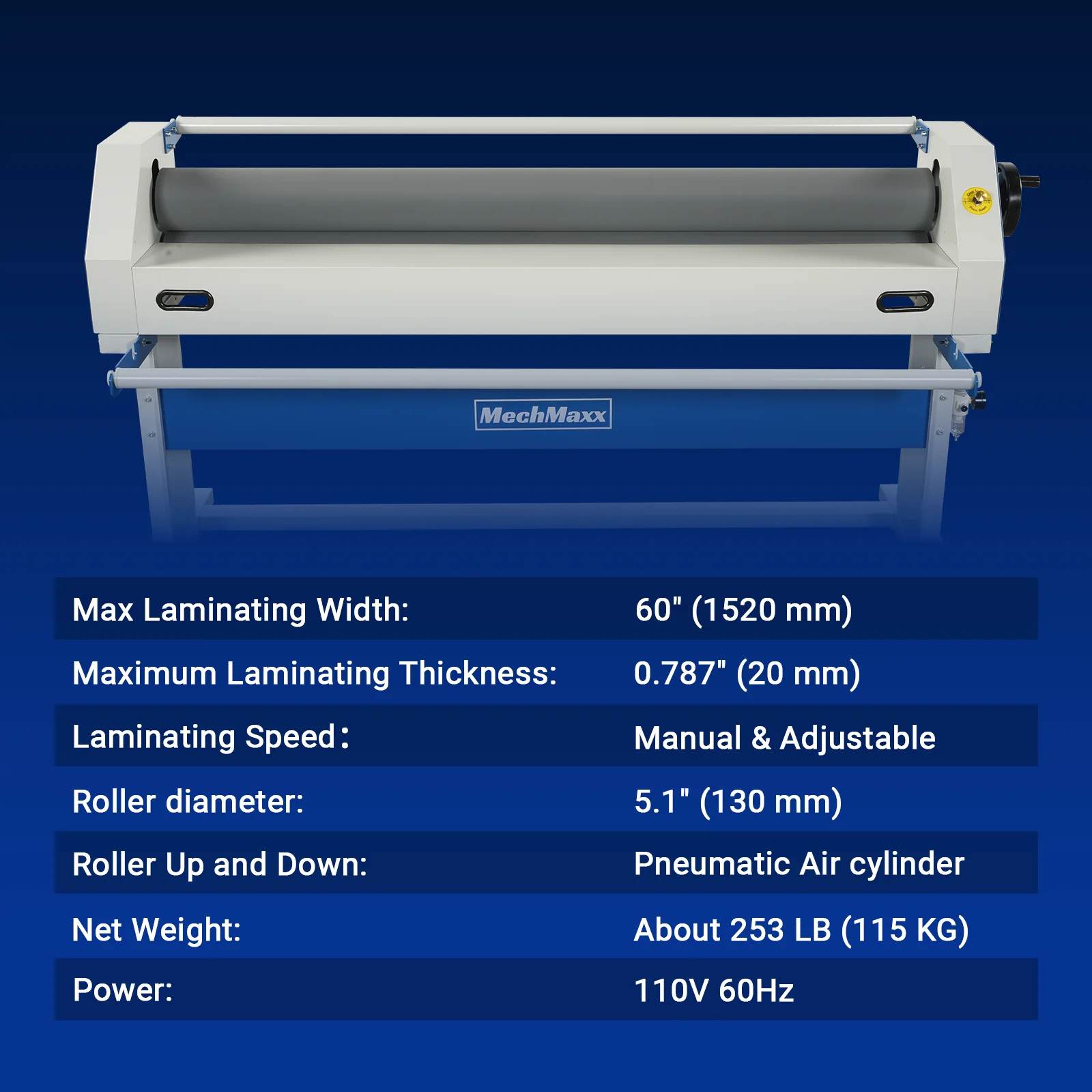 63" Wide Format Pneumatic Laminator Manual Cold Laminating Machine 60" Max Laminating Width,Pneumatic Roller Lift & Wear-Resistant Rubber Roller Portable Stand Included, 0.78" Max Thickness (Requires Air Compressor, Not Included) 1600-C1 - Image 7
