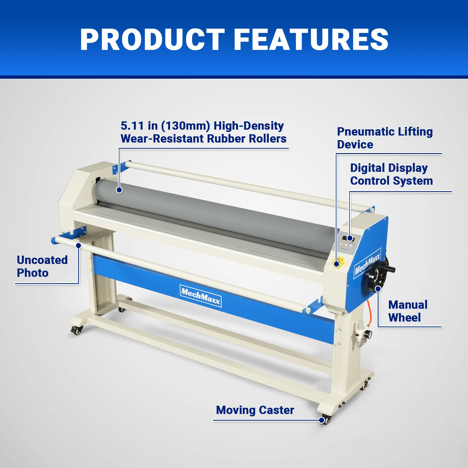 63" Wide Format Pneumatic Laminator Manual Cold Laminating Machine 60" Max Laminating Width,Pneumatic Roller Lift Portable Stand Included, 0.78" Max Thickness (Requires Air Compressor, Not Included) 1600-C2 - Image 3