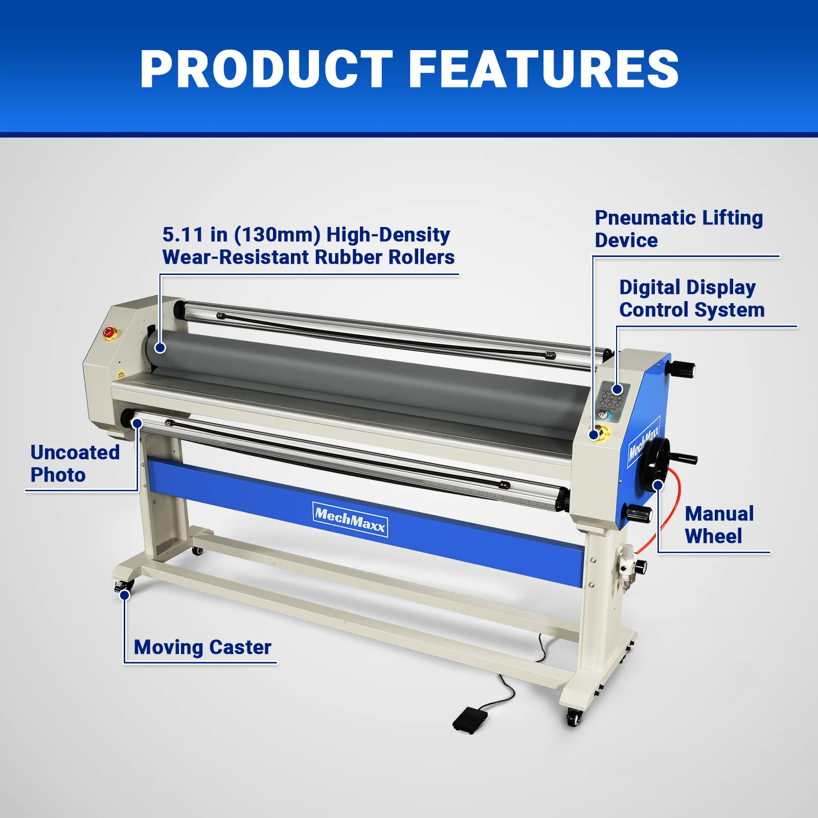 63" Wide Format Pneumatic Laminator Manual Cold Laminating Machine 60" Max Laminating Width,Pneumatic Roller Lift Portable Stand Included, 0.78" Max Thickness (Requires Air Compressor, Not Included) 1600-C3Pro - Image 3