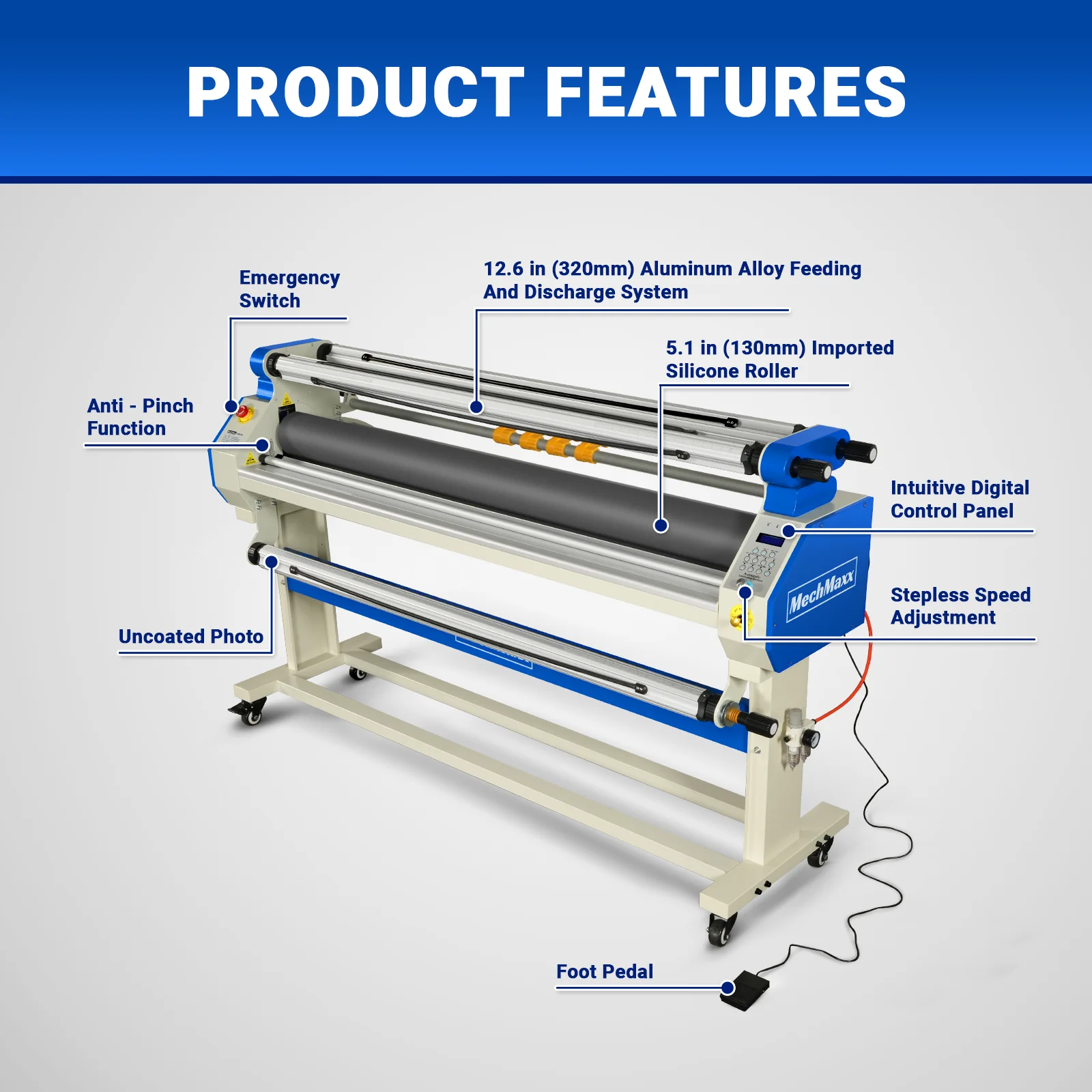 65" Wide Format Full-Auto Cold & Heat Assisted Pneumatic Laminator Machine with 4 Trimmers, Max Speed 40ft/min, 63" Max Width, 1.1" Max Thickness, Infrared Heating, Digital Control Pneumatic Roller Lifting (Requires Air Compressor, Not Included) 1700-B1 - Image 3