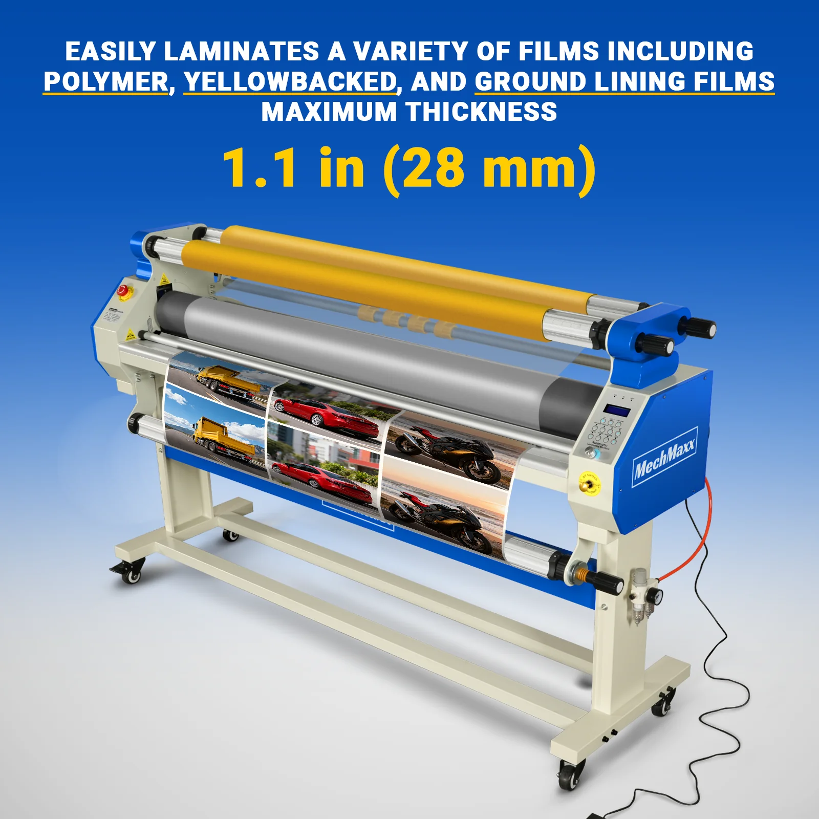 65" Wide Format Full-Auto Cold & Heat Assisted Pneumatic Laminator Machine with 4 Trimmers, Max Speed 40ft/min, 63" Max Width, 1.1" Max Thickness, Infrared Heating, Digital Control Pneumatic Roller Lifting (Requires Air Compressor, Not Included) 1700-B1 - Image 4