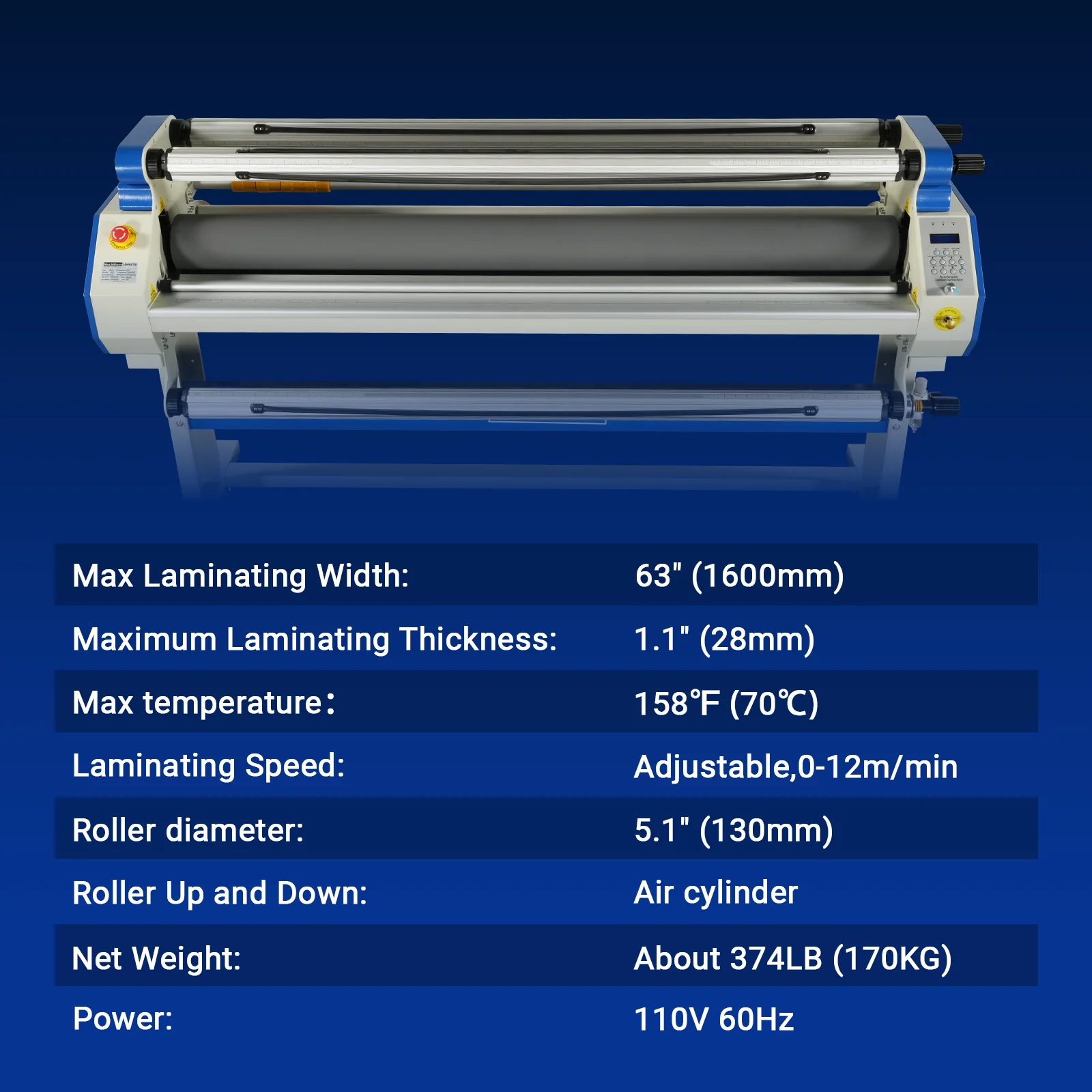 65" Wide Format Full-Auto Cold & Heat Assisted Pneumatic Laminator Machine with 4 Trimmers, Max Speed 40ft/min, 63" Max Width, 1.1" Max Thickness, Infrared Heating, Digital Control Pneumatic Roller Lifting (Requires Air Compressor, Not Included) 1700-B1 - Image 7
