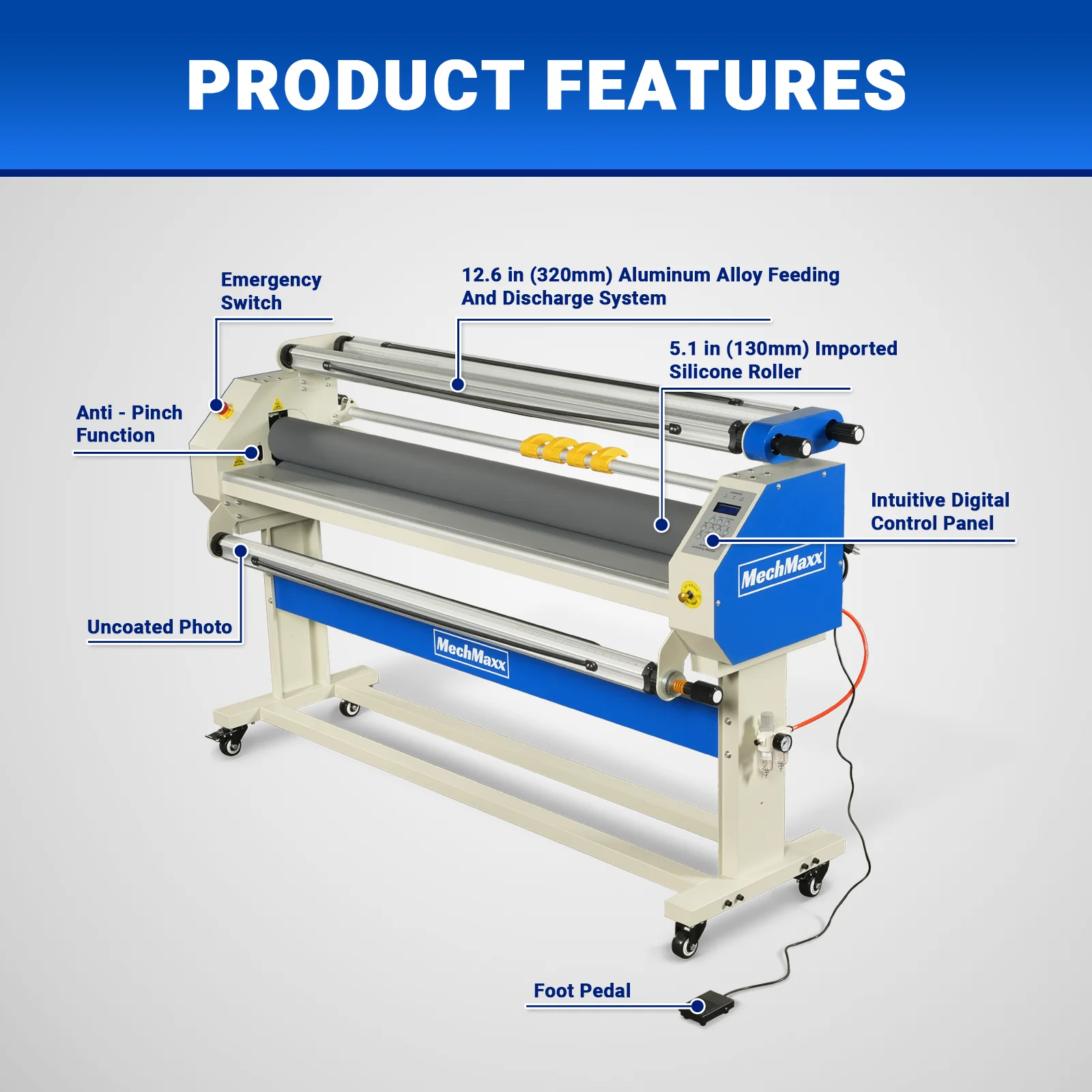 65" Wide Format Full-Auto Cold & Heat Assisted Pneumatic Laminator Machine with 4 Trimmers, Max Speed 40ft/min, 63" Max Width, 1.1" Max Thickness, Infrared Heating, Digital Control Pneumatic Roller Lifting (Requires Air Compressor, Not Included) 1700-B2 - Image 3