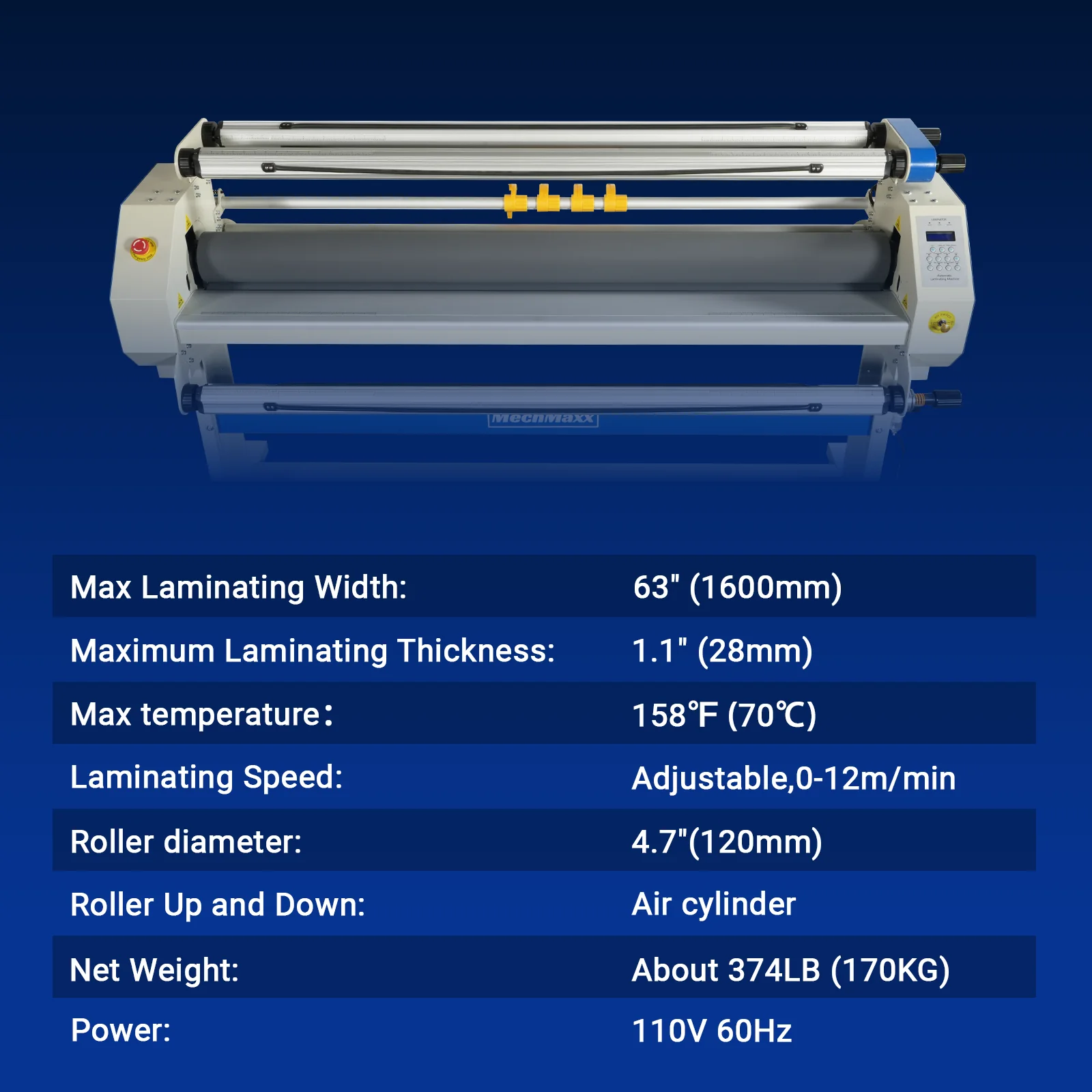 65" Wide Format Full-Auto Cold & Heat Assisted Pneumatic Laminator Machine with 4 Trimmers, Max Speed 40ft/min, 63" Max Width, 1.1" Max Thickness, Infrared Heating, Digital Control Pneumatic Roller Lifting (Requires Air Compressor, Not Included) 1700-B2 - Image 7