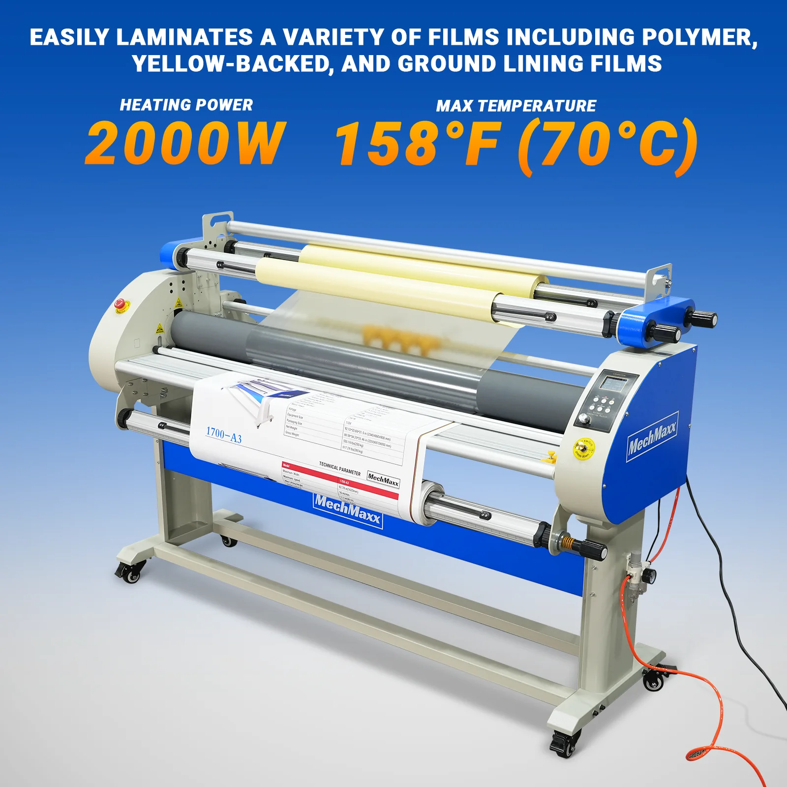 67" Wide Format Full Auto Cold & Heat Assisted Pneumatic Laminator Machine with 4 Trimmers, Max Speed 52.5 ft/min, 63" Max Laminating Width, 1.1" Max Thickness, Infrared Heating, Digital Control (Requires Air Compressor, Not Included)-1700-A3 - Image 3