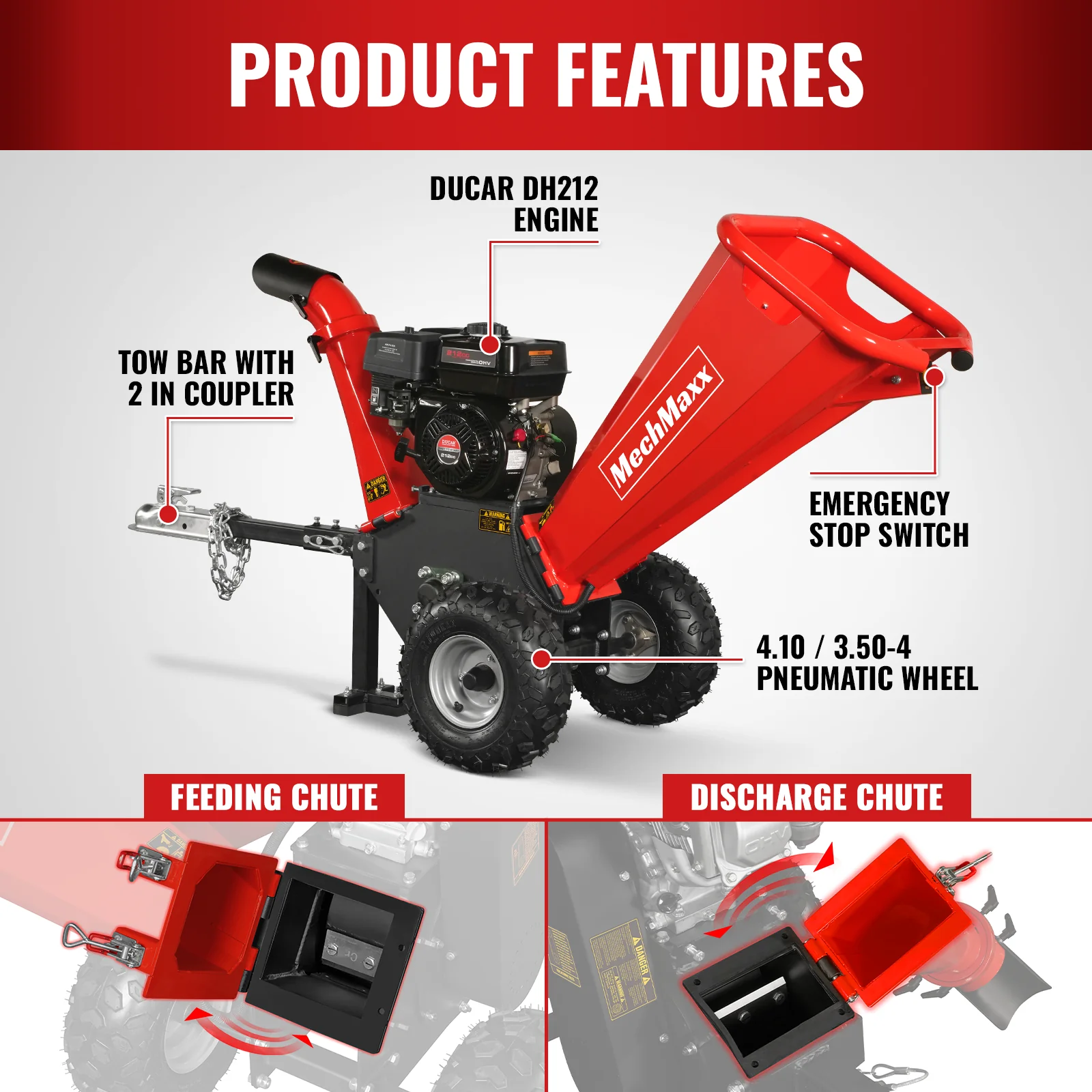 4 inch DUCAR 212cc 7hp Gas Engine Powered Wood Chipper with Towbar,  GS650 - Image 10